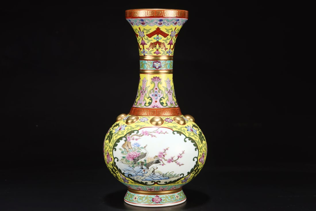 A Exquisite Yellow Ground Famille-Rose Flower and Bird Pattern Vase: A Exquisite Yellow Ground Famille-Rose Flower and Bird Pattern Vase,Qing Dynasty, China,Yongzheng Four-character Mark,Size:5.5inx10.2in 黄地粉彩花鸟纹瓶