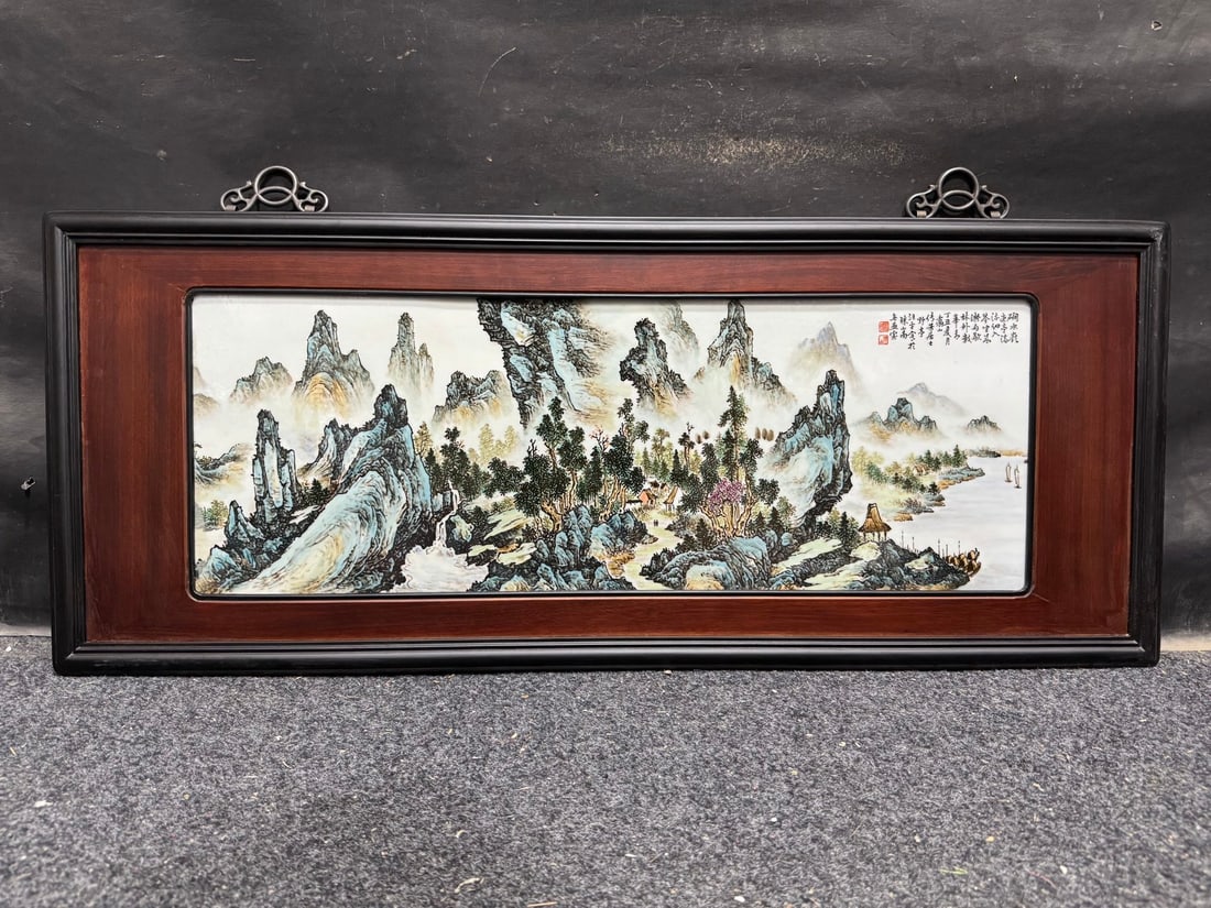 A Exquisite Famille-Rose Landscape Pattern Porcelain Plate: A Exquisite Famille-Rose Landscape Pattern Porcelain Plate,Republic of China,Size:15.7inx39in 粉彩山水纹瓷板画,民国