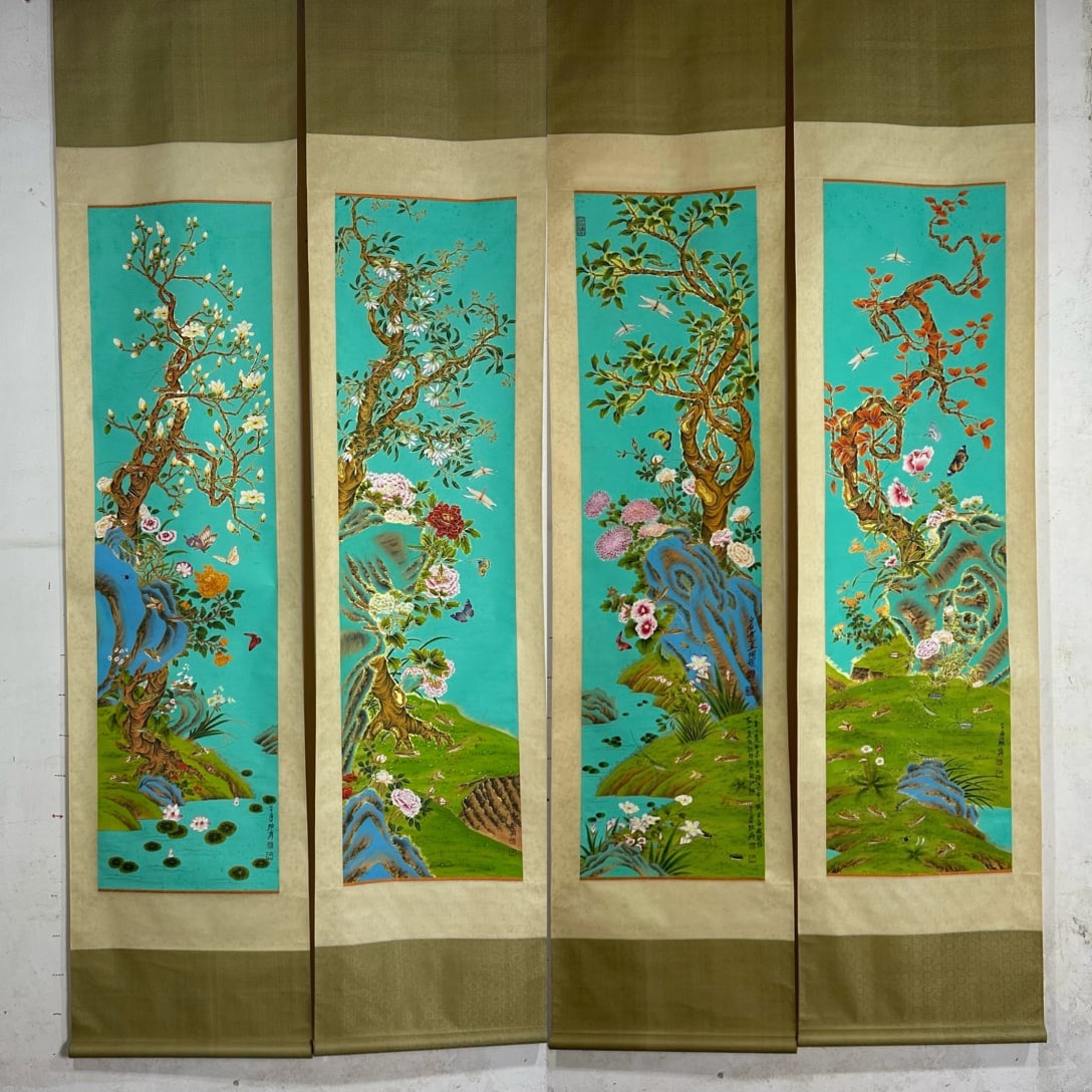 A Set of Chinese Vertical Scroll Ink Paintings of Flowers and Birds on Paper: A Set of Chinese Vertical Scroll Ink Paintings of Flowers and Birds on Paper,Modern Time of China,Zhang Daqian,without frame size:104.3inx94.5in