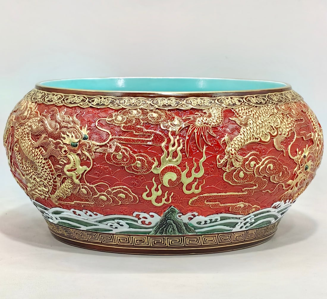 A Exquisite Iron-Red Painted Gold Dragon Pattern Brush Washer - 3