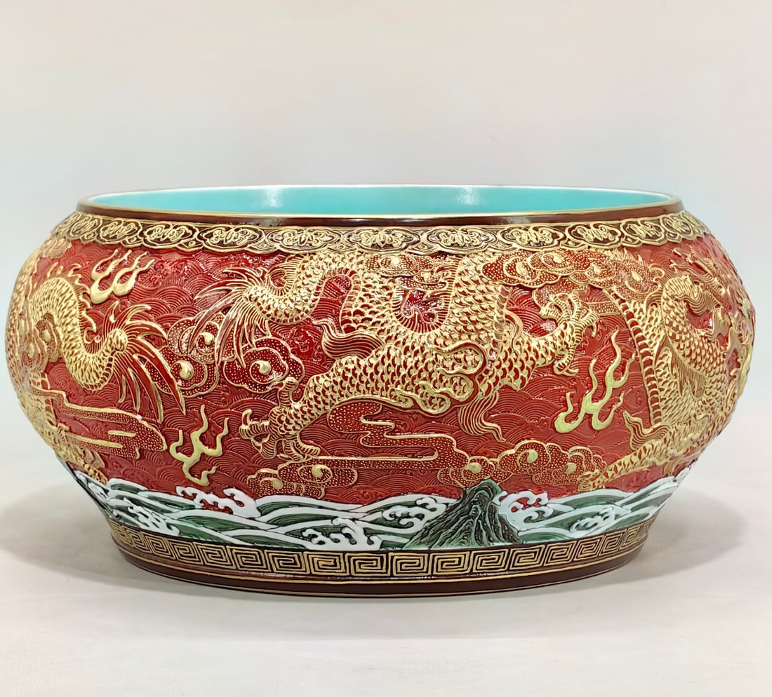 A Exquisite Iron-Red Painted Gold Dragon Pattern Brush Washer - 4