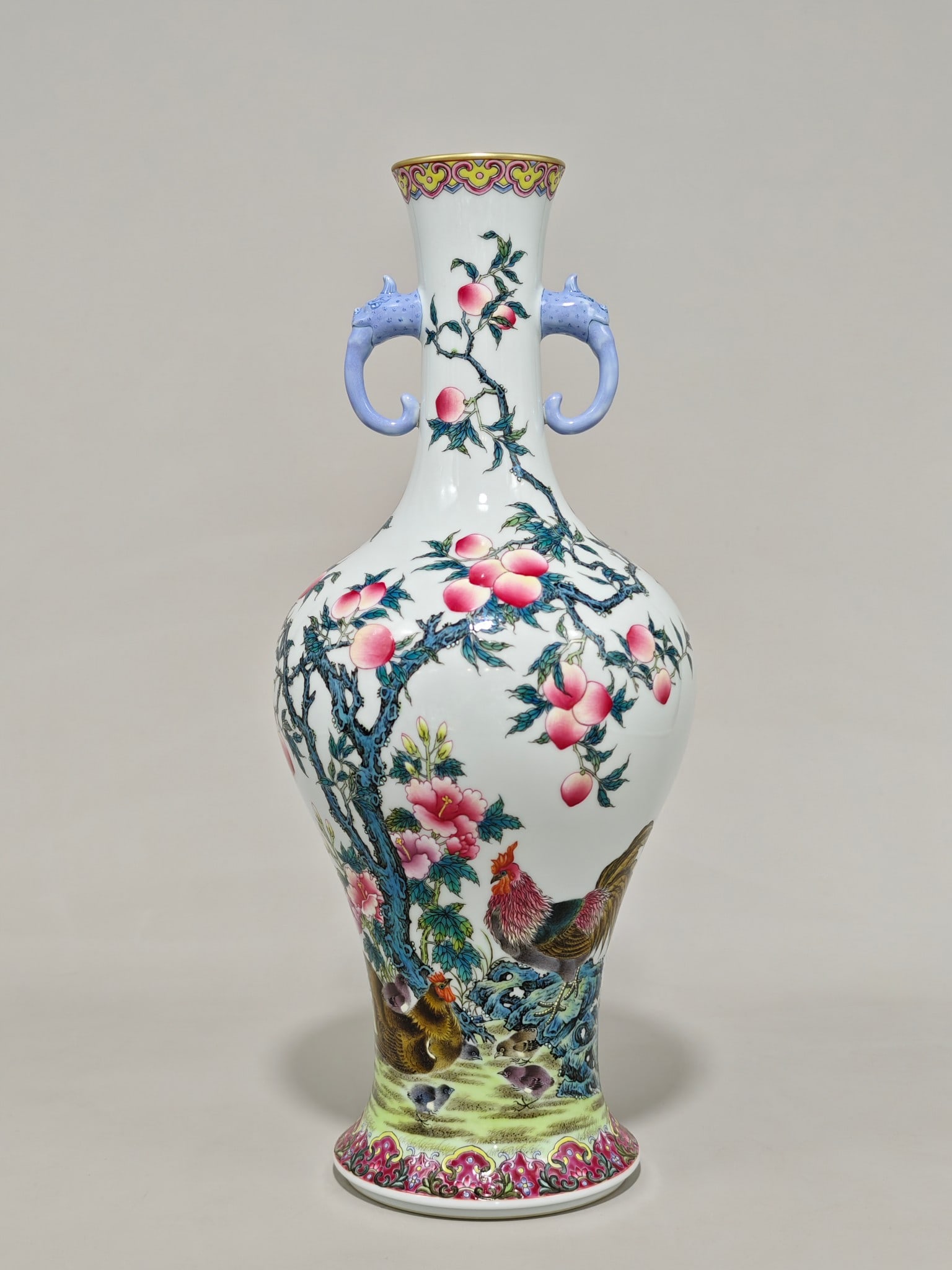 A Exquisite Famille-Rose Flower and Bird Pattern Double-Ears Vase: A Exquisite Famille-Rose Flower and Bird Pattern Double-Ears Vase,Qing Dynasty, China,Qianlong Six-character Mark,Size:14.3inx6.3in 粉彩花鸟纹双耳瓶,