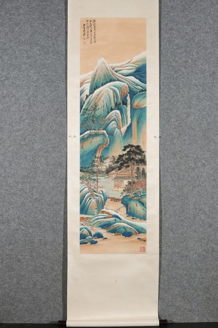 A Chinese Vertical Scroll Ink Painting of Landscape on Paper: A Chinese Vertical Scroll Ink Painting of Landscape on Paper,Modern Time of China,Zhang Daqian,without frame size:55.5inx15.7in