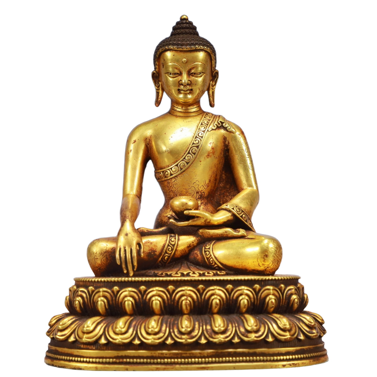 A Solemn Gilt Bronze Statue of Sakyamuni: A Solemn Gilt Bronze Statue of Sakyamuni,Ming Dynasty, China,Yongle Six-character Mark,Size:4.7inx3.5inx5.9in,Weight:1800g 铜鎏金如来像,中国明