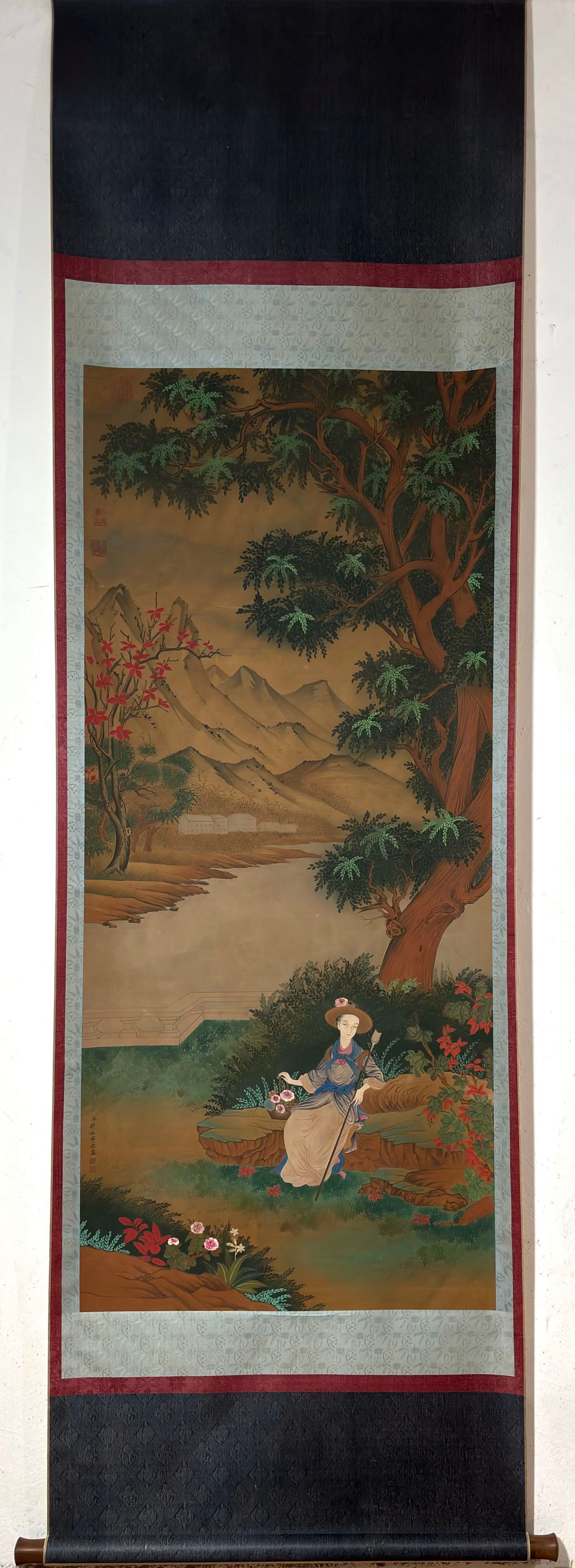 A Chinese Vertical Scroll Ink Painting of Figure on Silk,Lang Shining: A Chinese Vertical Scroll Ink Painting of Figure on Silk,Lang Shining,Size:(Without frame)56.1inx24.8in 一幅中国水墨绢本人物画立