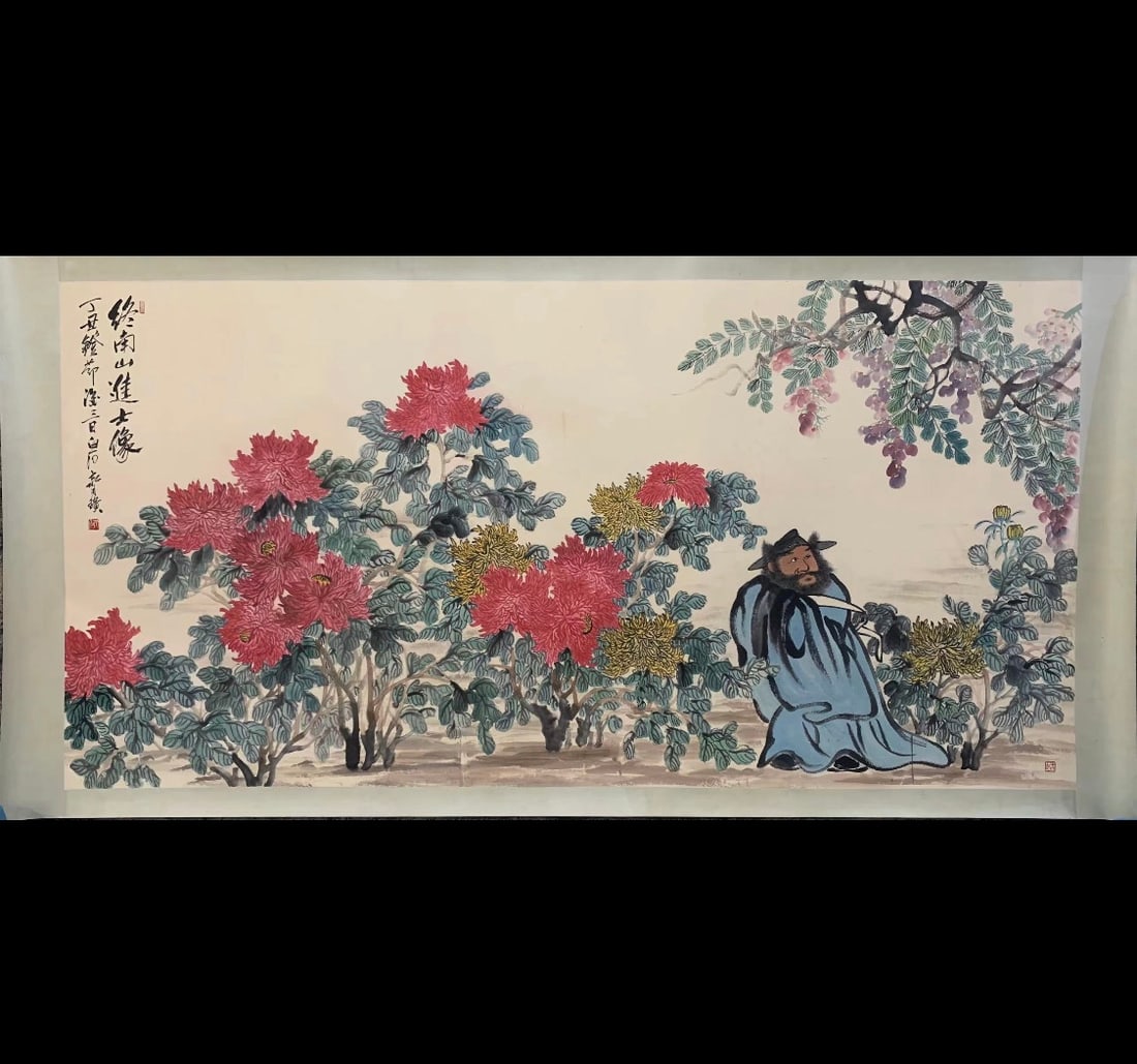 A Chinese Ink Painting of Flower and Figure on Paper,Qi Baishi: A Chinese Ink Painting of Flower and Figure on Paper,Qi Baishi,Size:47.2inx94.5in 一幅中国水墨花卉人物画,齐白石