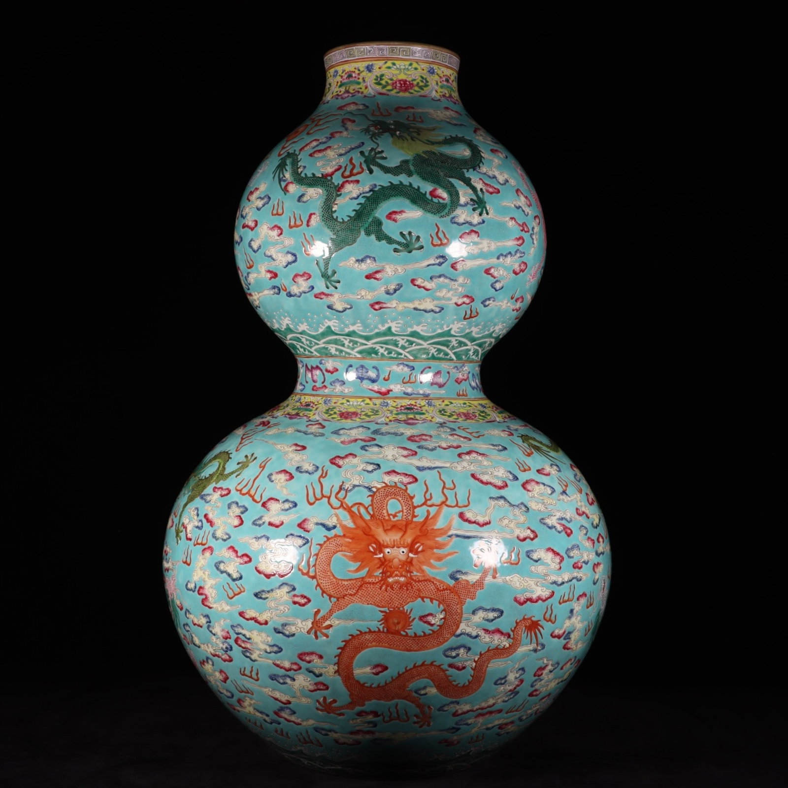A Huge Famille-Rose Turquoise Ground Painted Gold Auspicious Cloud and Dragon Pattern Gourd-Shaped: A Huge Famille-Rose Turquoise Ground Painted Gold Auspicious Cloud and Dragon Pattern Gourd-Shaped Vase,Qing Dynasty, China,Qianlong Six-character Mark,Size:28.7inx19.3inx9.8in 粉彩松