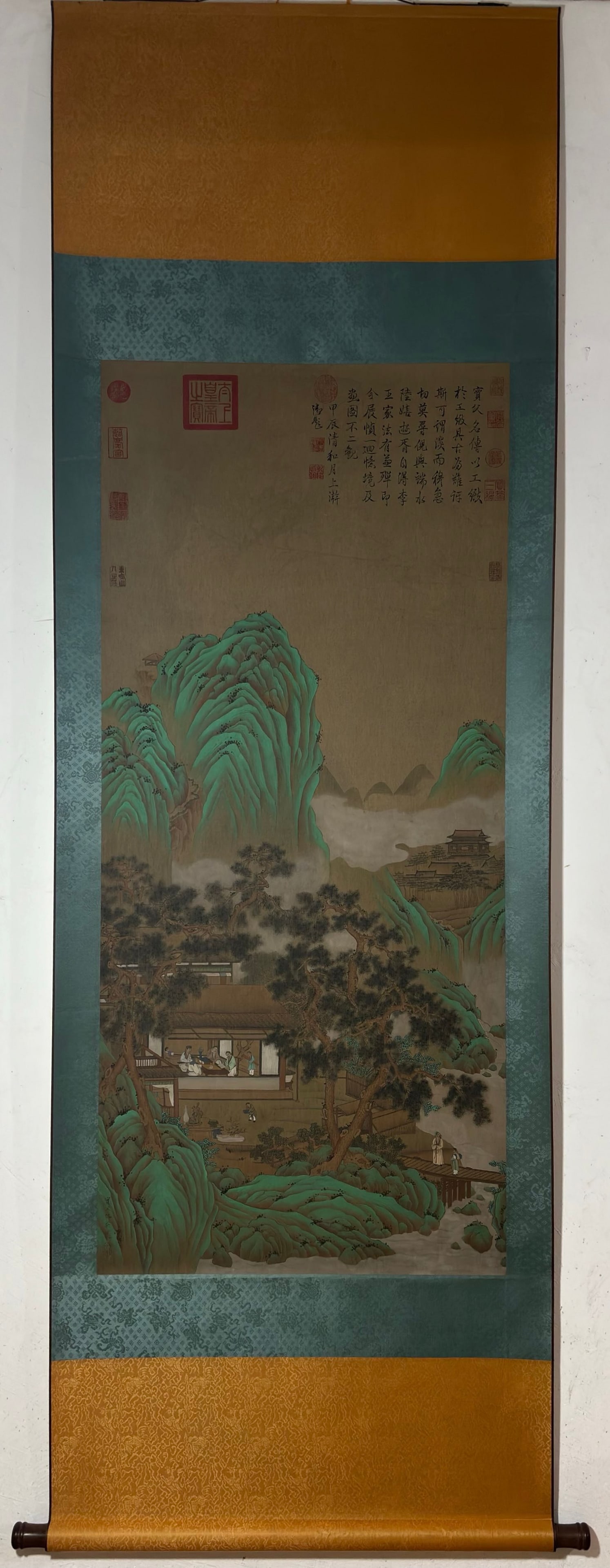 A Chinese Vertical Scroll Ink Painting of Landscape and Figure on Silk,Chou Ying: A Chinese Vertical Scroll Ink Painting of Landscape and Figure on Silk,Chou Ying,Size:(Without frame)52inx23.2in 一幅中国水墨绢本山水人