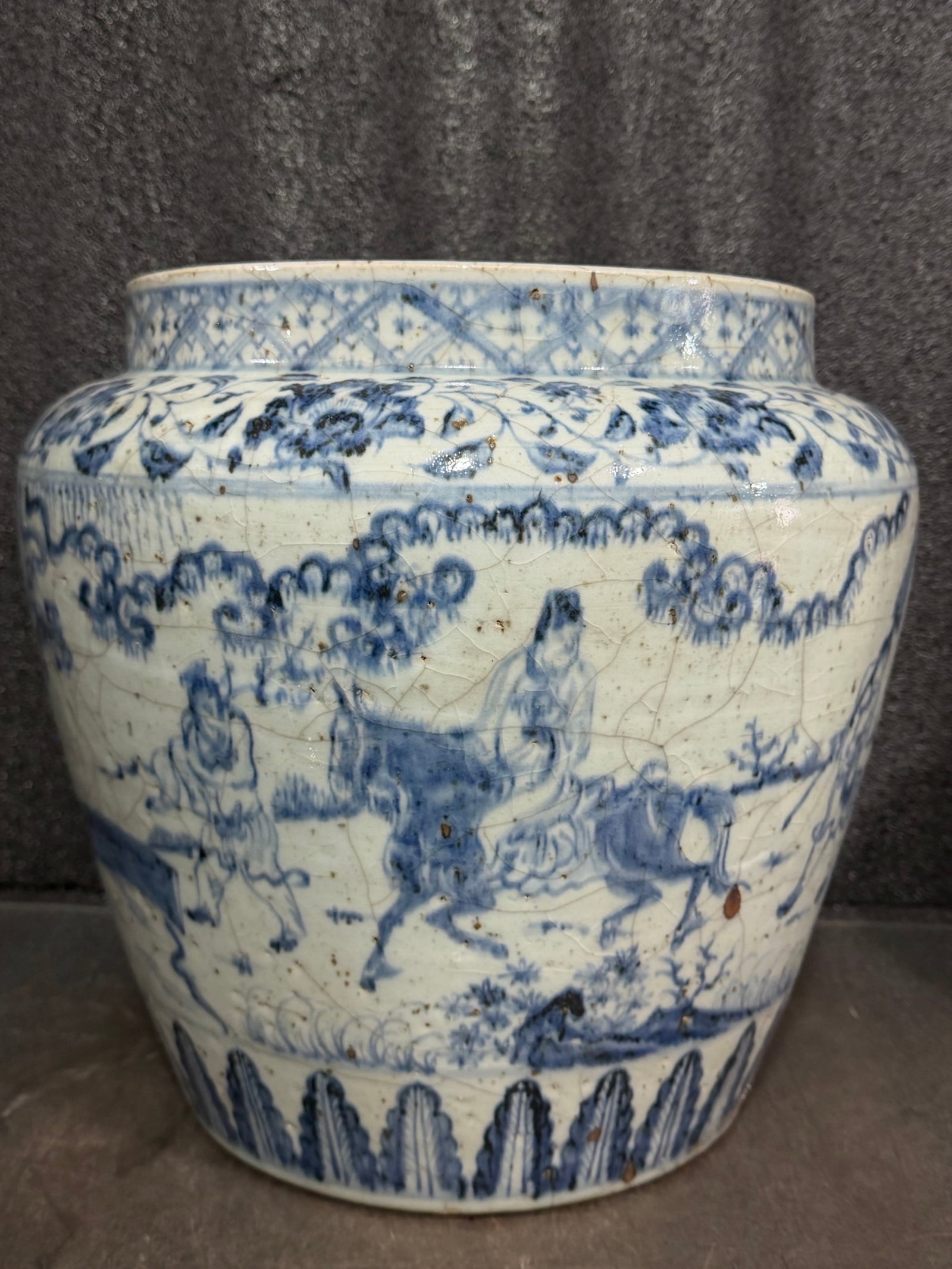 A Rare Blue and White Character and Story Pattern Vase: A Rare Blue and White Character and Story Pattern Vase,Qing Dynasty,China,Size:12.8inx14.2in 青花人物故事纹瓶,中国清代