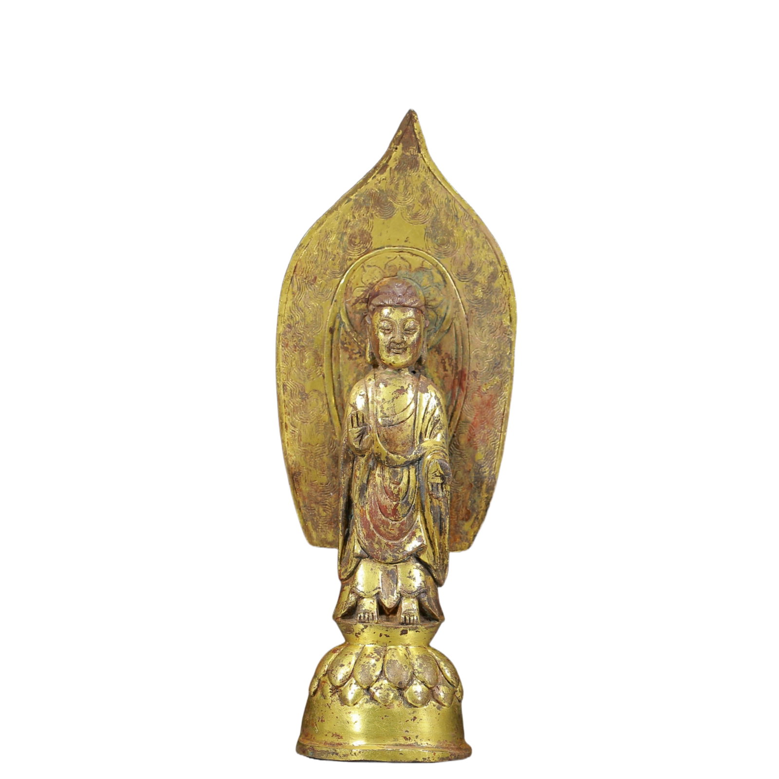 A Solemn Gilt Bronze Statue of Sakyamuni: A Solemn Gilt Bronze Statue of Sakyamuni ,Ming Dynasty, China,Size: 2.8inx1.8inx7.1in,Weight:480g 铜鎏金释迦摩尼像，明代