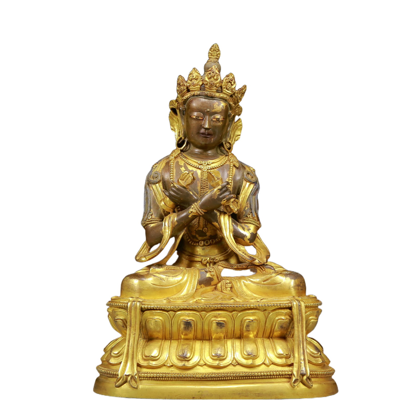 A Solemn Gilt Bronze Statue of Vajra: A Solemn Gilt Bronze Statue of Vajra,Ming Dynasty, China,Size:7.9inx5.5inx11.8in,Weight:4155g 铜鎏金金刚总持像，明代
