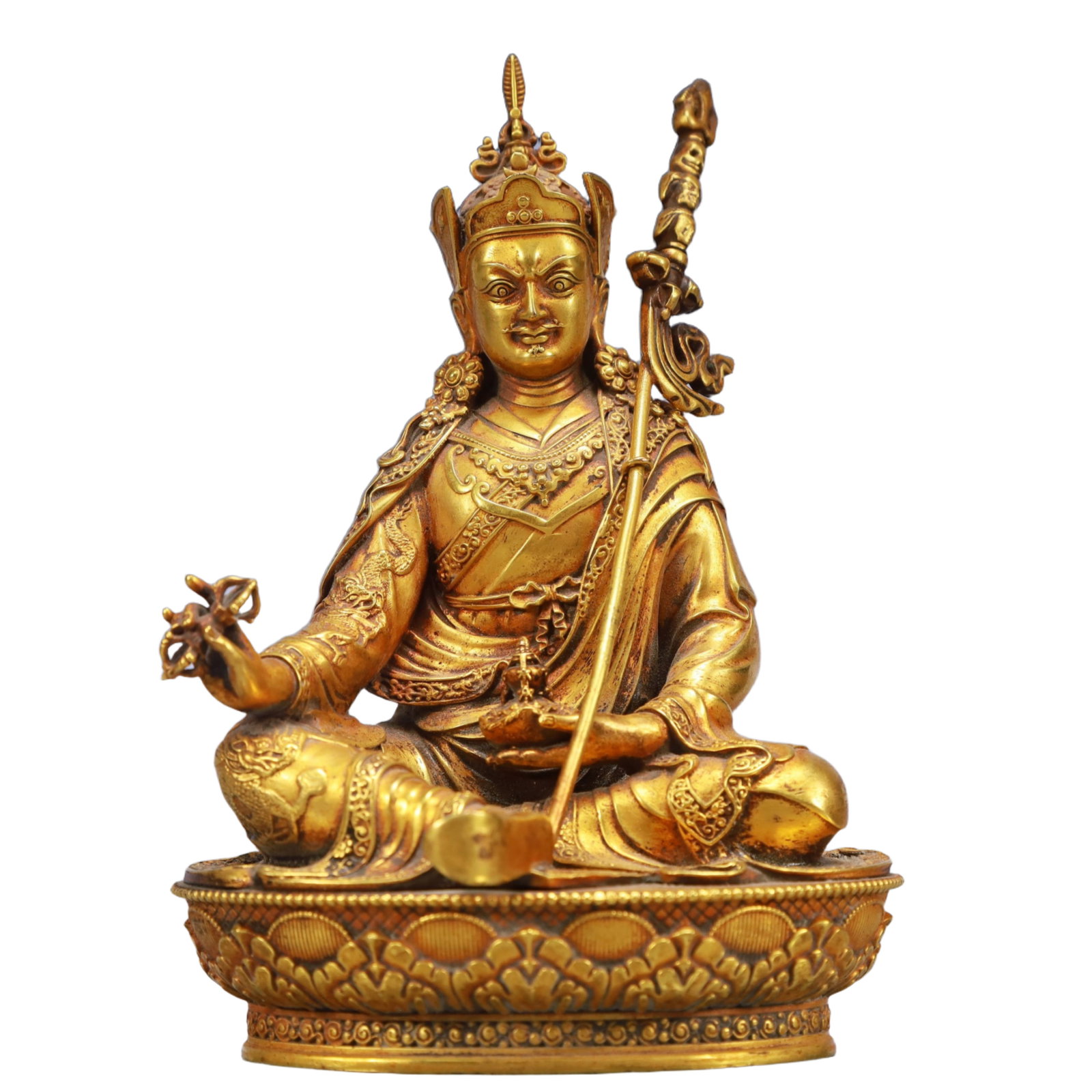 A Solemn Gilt Bronze Statue of Padma Sambhava: A Solemn Gilt Bronze Statue of Padma Sambhava,Ming Dynasty, China,Yongle Six-character Mark,Size:4.3inx3.5inx6.3in,Weight:1650g 铜鎏金莲花生大士像