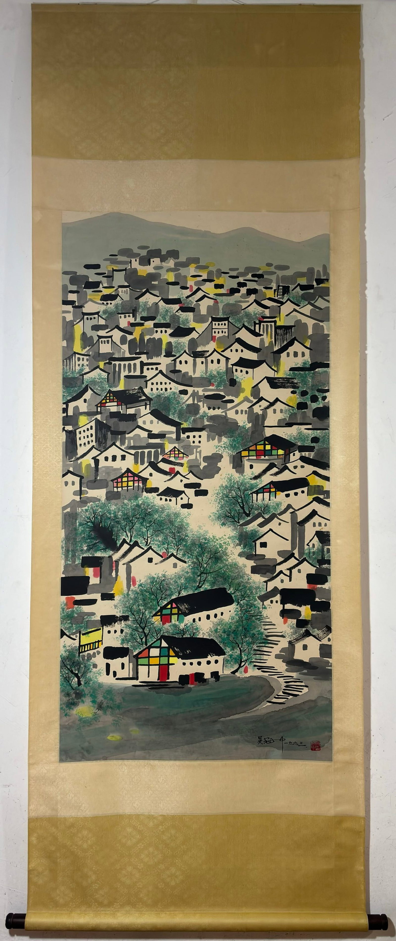 A Chinese Vertical Scroll Ink Painting of Landscape on Paper,Wu Guanzhong: A Chinese Vertical Scroll Ink Painting of Landscape on Paper,Wu Guanzhong,Size:(Without frame)53.7inx26.4in 一幅中国水墨山水画立轴,
