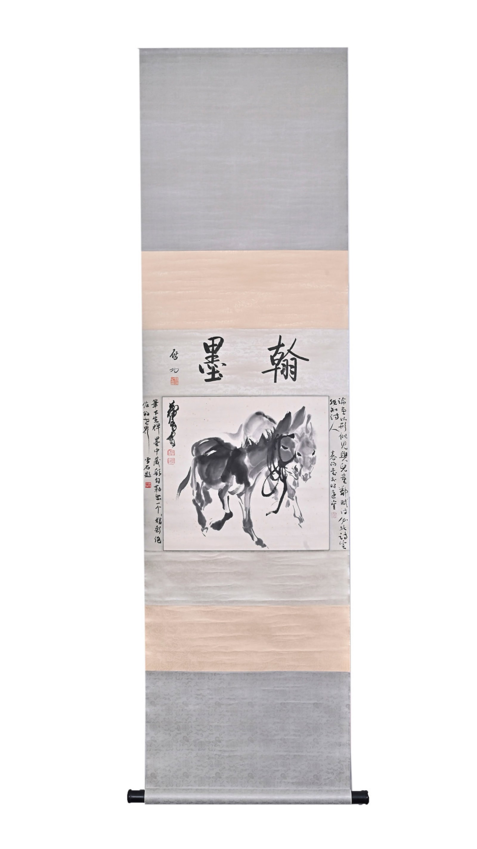 A Chinese Vertical Scroll Ink Painting of Donkey on Paper,Huang Zhou: A Chinese Vertical Scroll Ink Painting of Donkey on Paper,Huang Zhou,Size:(Without frame)16.1inx17.3in 一幅中国水墨毛驴图立轴,黄