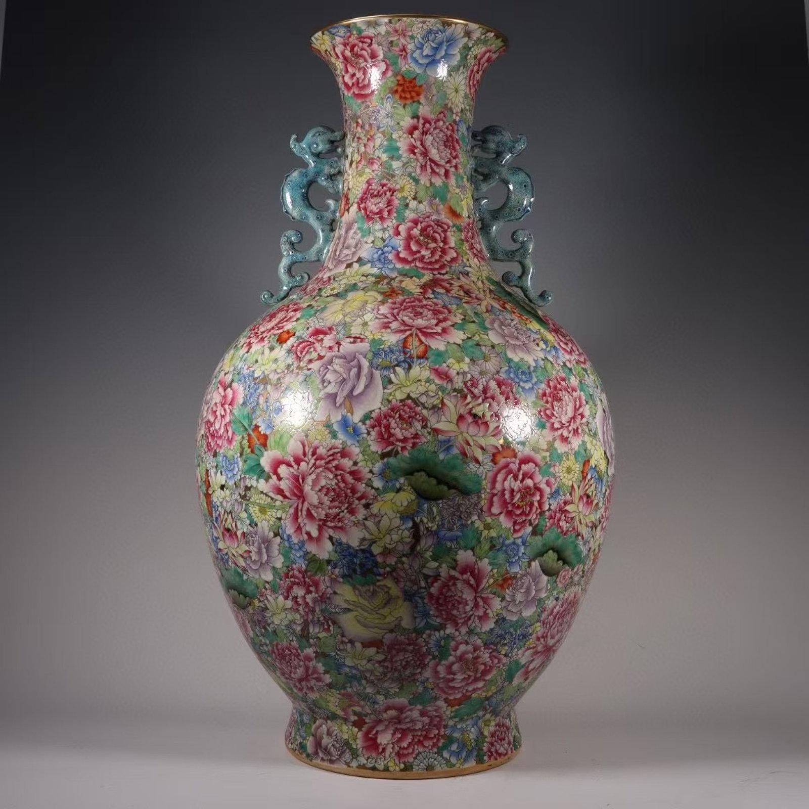 A Huge Famille-Rose Painted Gold Flower Pattern Dragon-Ears Vase: A Huge Famille-Rose Painted Gold Flower Pattern Dragon-Ears Vase ,Qing Dynasty, China,Qianlong Four-character Mark,Size:28inx7.9inx9.4in 粉彩描金花卉纹龙