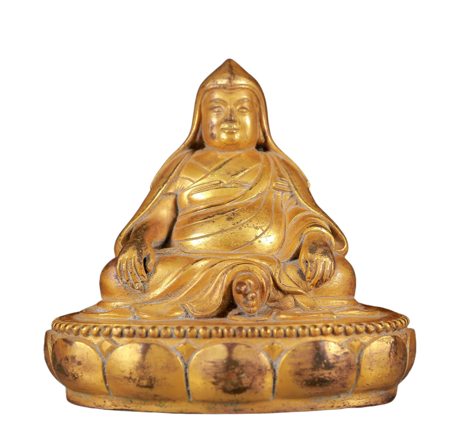 A Solemn Gilt Bronze Statue of Guru: A Solemn Gilt Bronze Statue of Guru,Qing Dynasty, China,Size:5.3inx4.5inx5.3in,Weight:1070g 铜鎏金上师像，清代