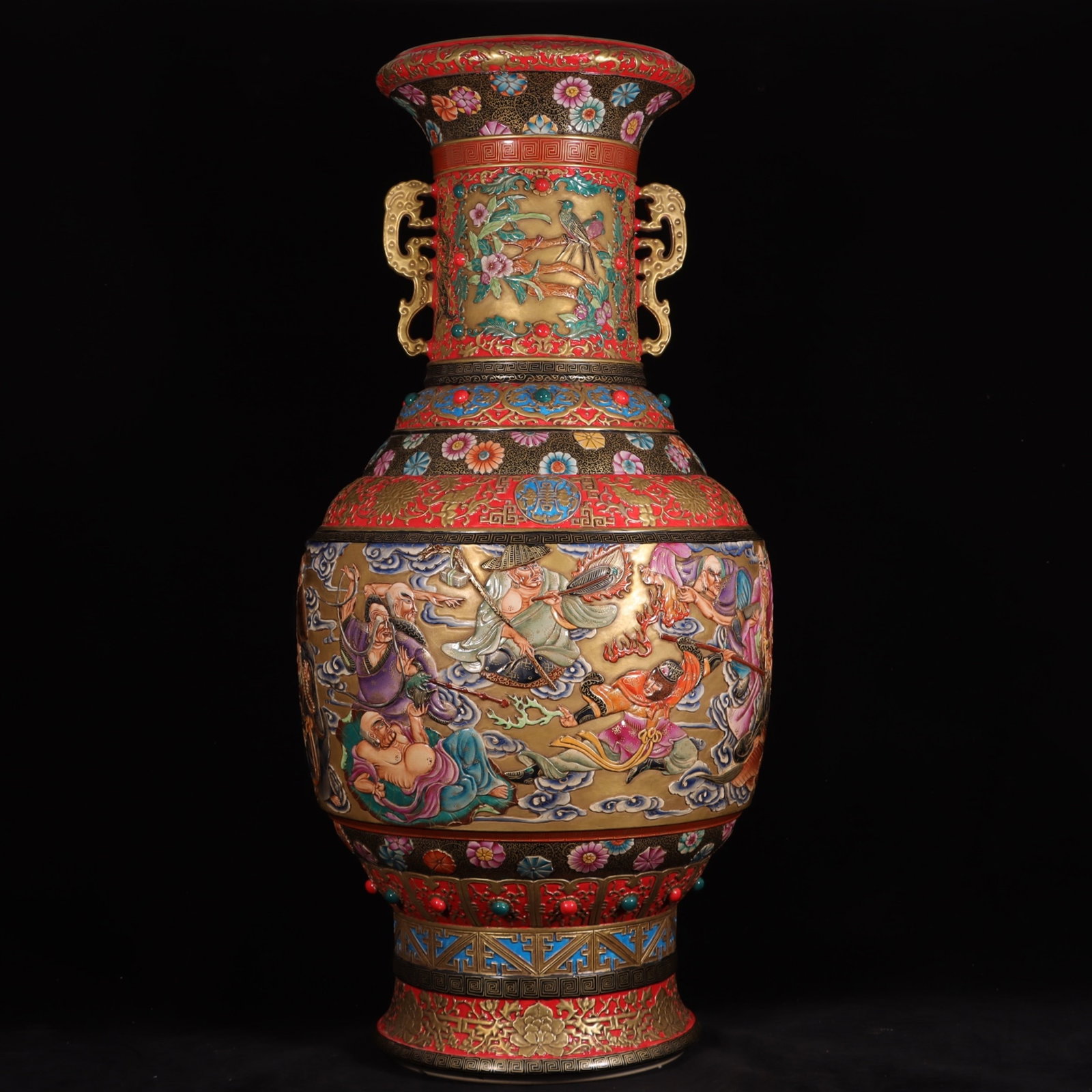 A Huge Famille-Rose Painted Gold Auspicious Cloud and Arhat Pattern Dragon-Ears Vase: A Huge Famille-Rose Painted Gold Auspicious Cloud and Arhat Pattern Dragon-Ears Vase,Qing Dynasty, China,Qianlong Six-character Mark,Size:35.8inx17.7in 粉彩描金祥云