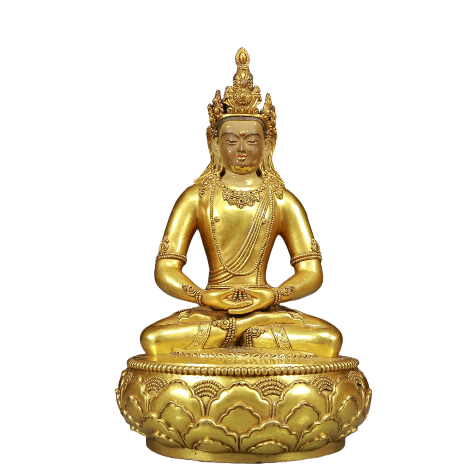 A Solemn Gilt Bronze Statue of Amitayus: A Solemn Gilt Bronze Statue of Amitayus,Ming Dynasty, China,Size:7.5inx13in,Weight:6665g 铜鎏金无量寿佛像，明代