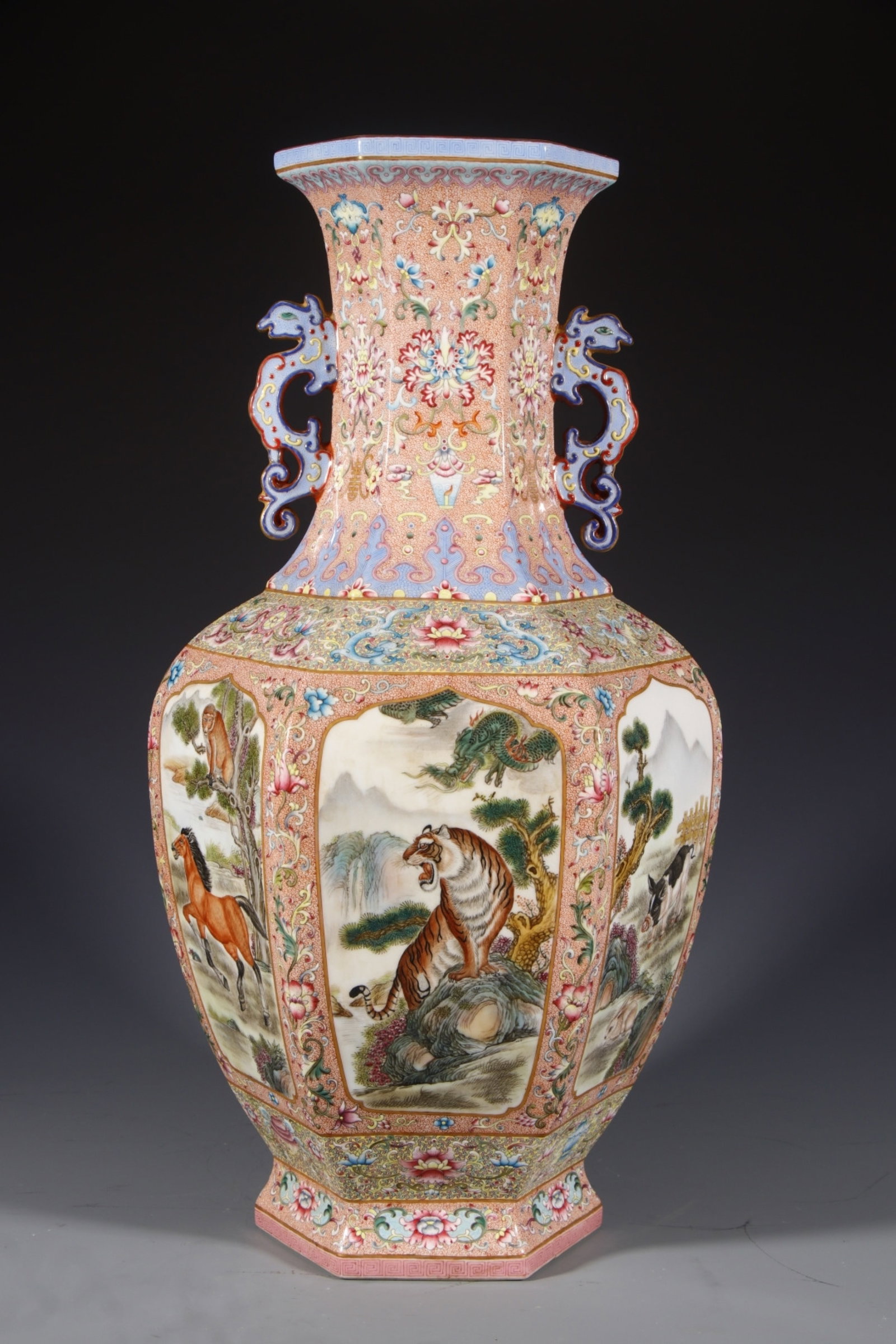 A Huge Famille-Rose Painted Gold the Twelve Chinese Zodiac Signs Pattern Dragon-Ears Vase: A Huge Famille-Rose Painted Gold the Twelve Chinese Zodiac Signs Pattern Dragon-Ears Vase, Qing Dynasty, China,Qianlong Four-character Mark,Size:20.1inx6.3inx45.9in 粉彩描金