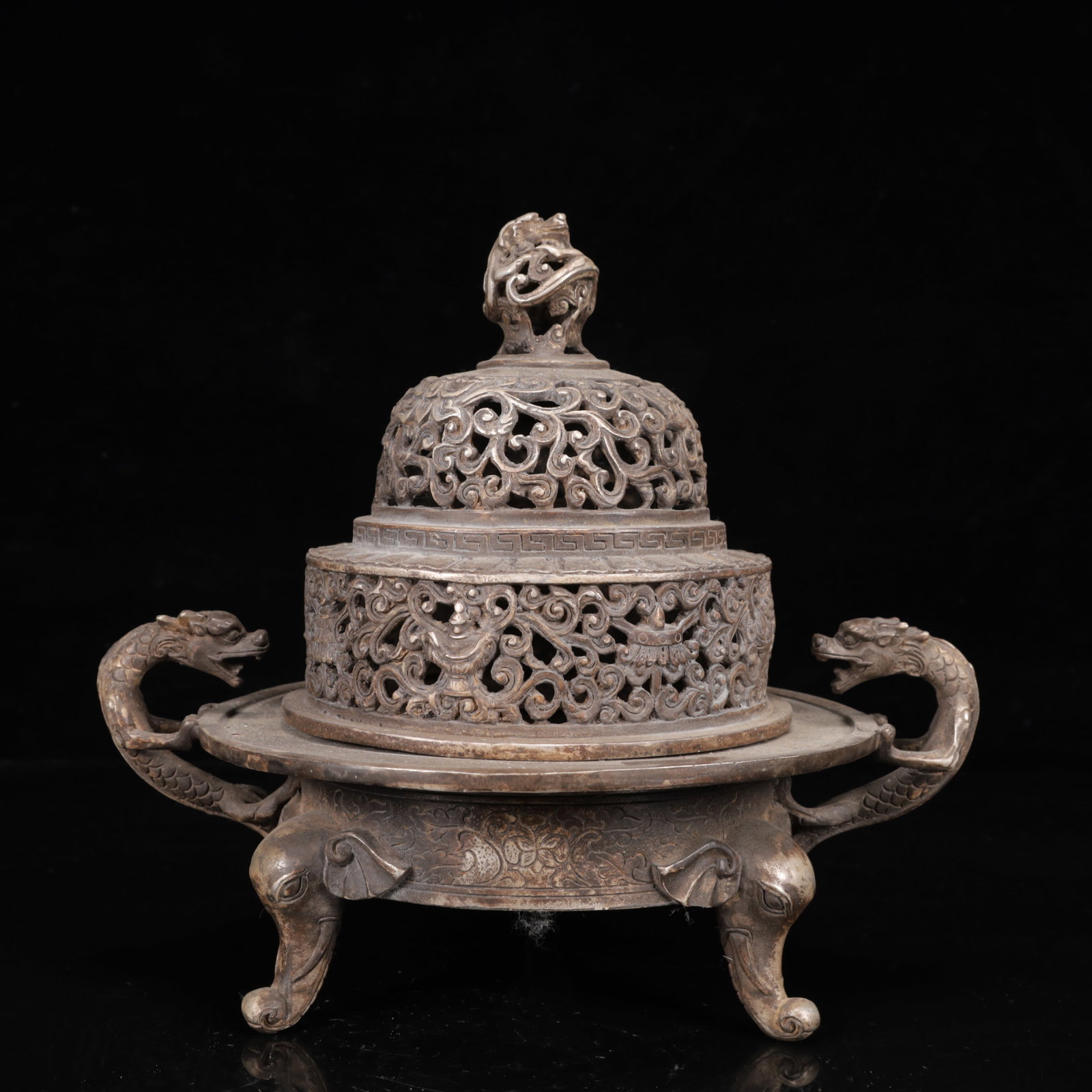 An Exquisite Silver-Plated Bronze Flower Pattern Dragon-Ears and Beast-Ears Censer: An Exquisite Silver-Plated Bronze Flower Pattern Dragon-Ears and Beast-Ears Censer,Qing Dynasty,China,Size:10.6inx7.9inx9.4in,Weight:2650g 铜镀银花卉纹龙ň