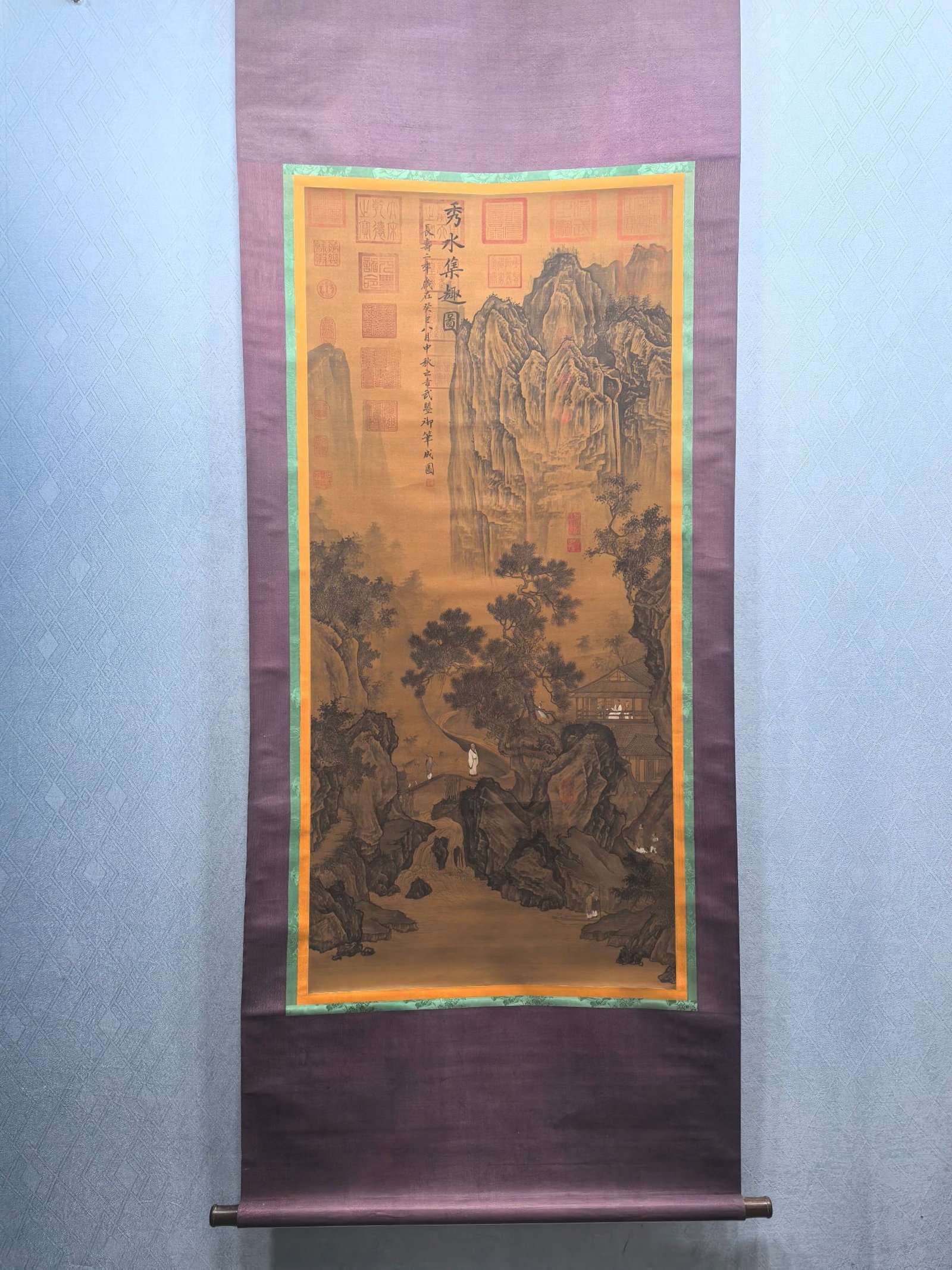 A Chinese Vertical Scroll Ink Painting of Landscape and Figure on Silk,Wu Zetian: A Chinese Vertical Scroll Ink Painting of Landscape and Figure on Silk,Wu Zetian,Size:(Without frame)25.2inx54.9in 一幅中国水墨绢本山水É