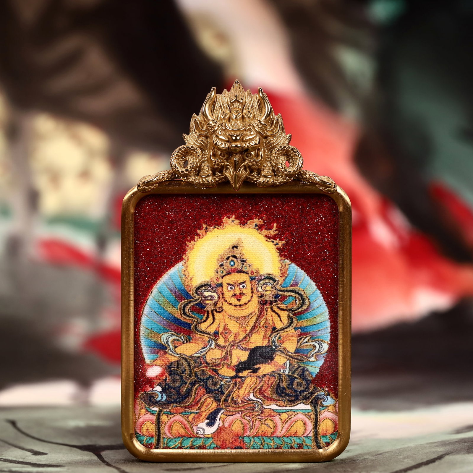An Exquisite Painted Color Statue of Mammon Tangka: An Exquisite Painted Color Statue of Mammon Tangka,Size:2inx2.8in 彩绘财神像唐卡