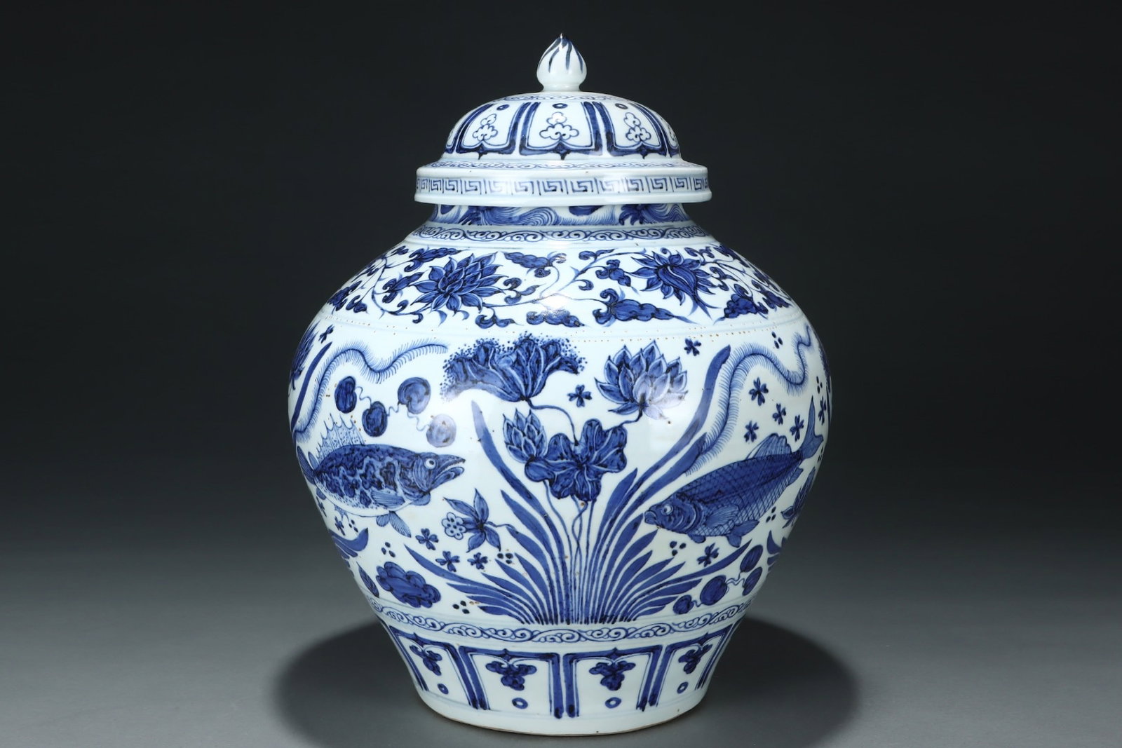 A Huge Blue and White Hornwort Pattern Jar with Cover: A Huge Blue and White Hornwort Pattern Jar with Cover,Yuan Dynasty,China,Size:16.5inx13.6in 青花鱼藻纹盖罐,中国元代