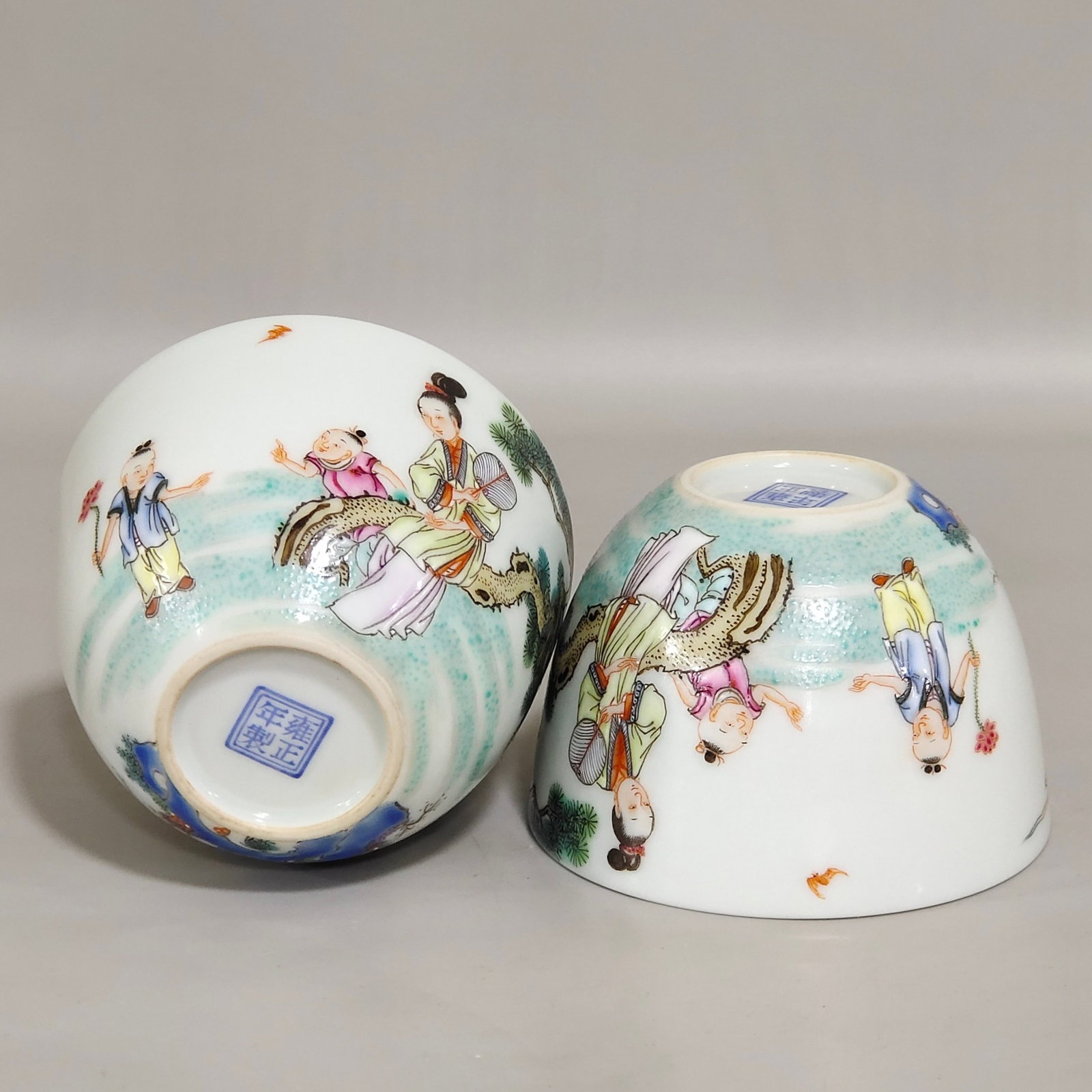 A Pair of Exquisite Famille-Rose Character and Story Pattern Cups: A Pair of Exquisite Famille-Rose Character and Story Pattern Cups,Qing Dynasty,China,Yongzheng Four-character Mark,Size:1.9inx2.8in 一对粉彩人物故事 