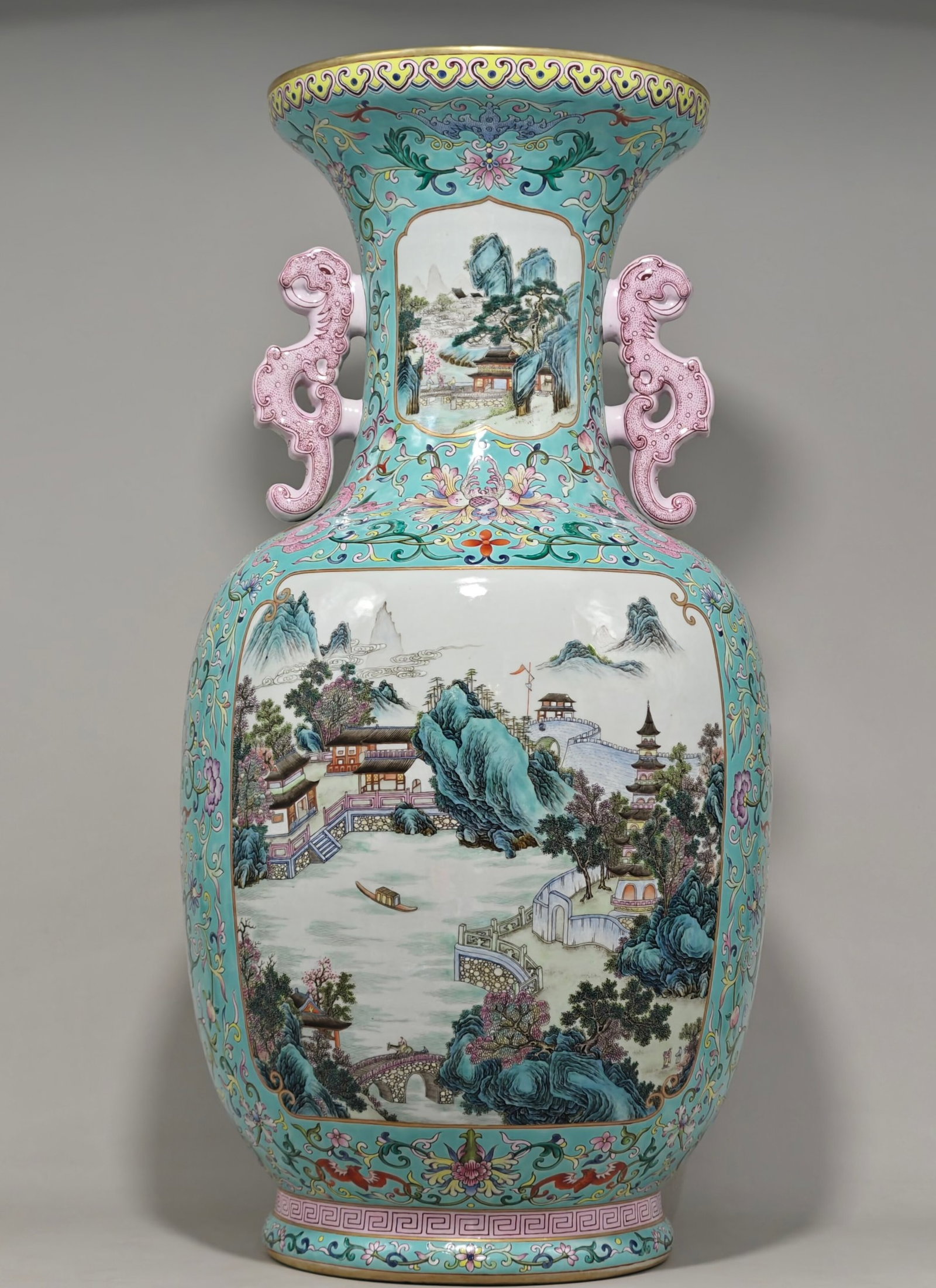 A Huge Famille-Rose Turquoise Ground Painted Gold Lotus and Landscape Pattern Dragon-Ears Vase: A Huge Famille-Rose Turquoise Ground Painted Gold Lotus and Landscape Pattern Dragon-Ears Vase,Qing Dynasty,China,Qianlong Six-character Mark,Size:27.5inx13.8in 粉彩松石绿
