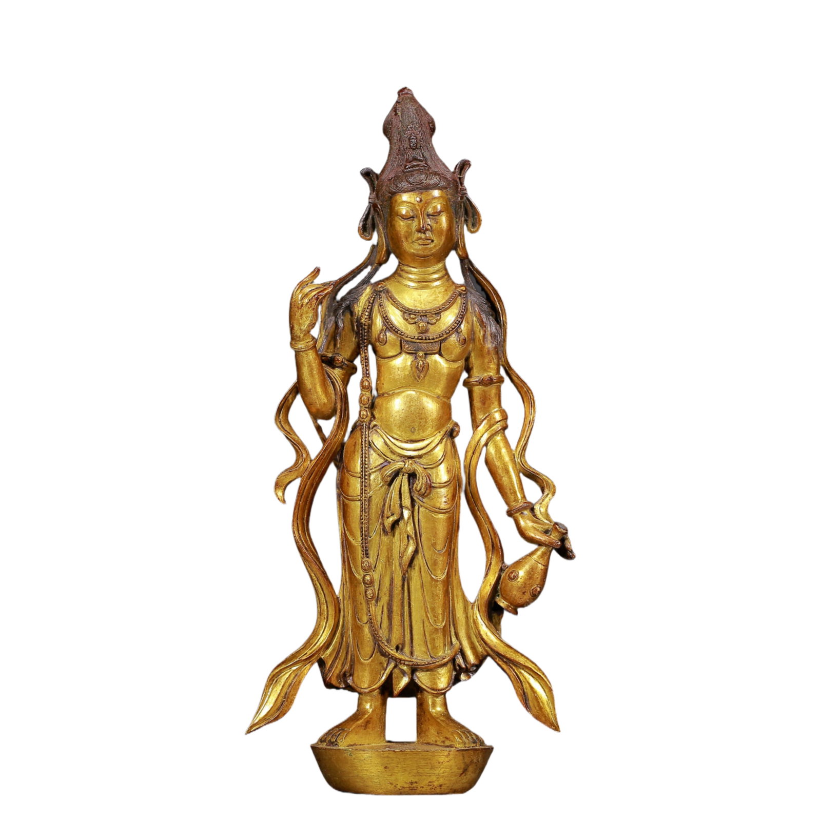 A Solemn Gilt Bronze Statue of Avalokitesvara: A Solemn Gilt Bronze Statue of Avalokitesvara,Ming Dynasty, China,Size: 3.9inx2inx9.1in,Weight:870g 铜鎏金观音像，明代