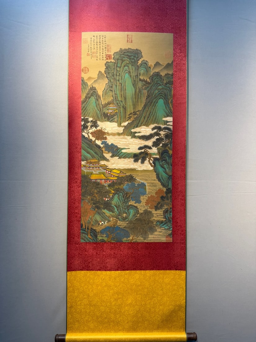 A Chinese Vertical Scroll Ink Painting of Landscape and Figure on Silk,Wen Zhengming: A Chinese Vertical Scroll Ink Painting of Landscape and Figure on Silk,Wen Zhengming,Size:(Without frame)42.1inx17.7in 一幅中国水墨绢本山水&
