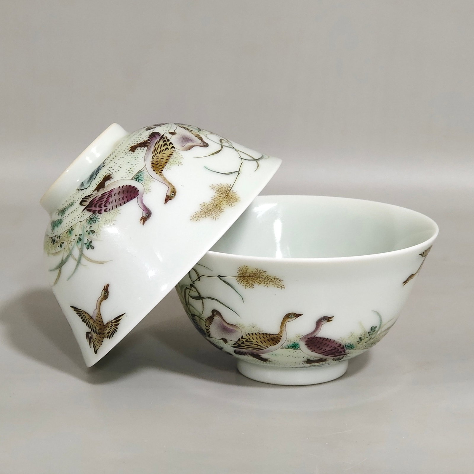 A Pair of Exquisite Ink Color Flower and Bird Pattern Cups,With Poem: A Pair of Exquisite Ink Color Flower and Bird Pattern Cups,With Poem,Qing Dynasty,China,Yongzheng Four-character Mark,Size:1.5inx3in 一对墨彩花鸟纹杯,&#