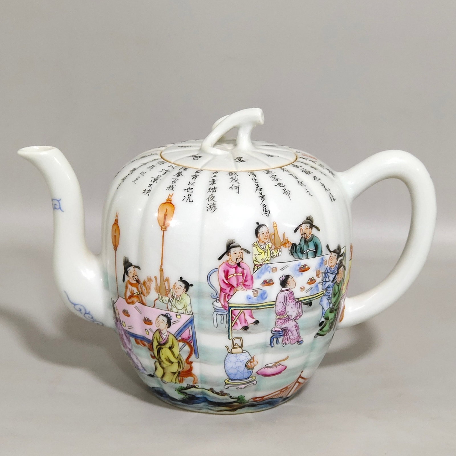 An Exquisite Famille-Rose Character and Story Pattern Teapot,With Poem: An Exquisite Famille-Rose Character and Story Pattern Teapot,With Poem,Qing Dynasty,China,Qianlong Six-character Mark,Size:4.4inx5.9in