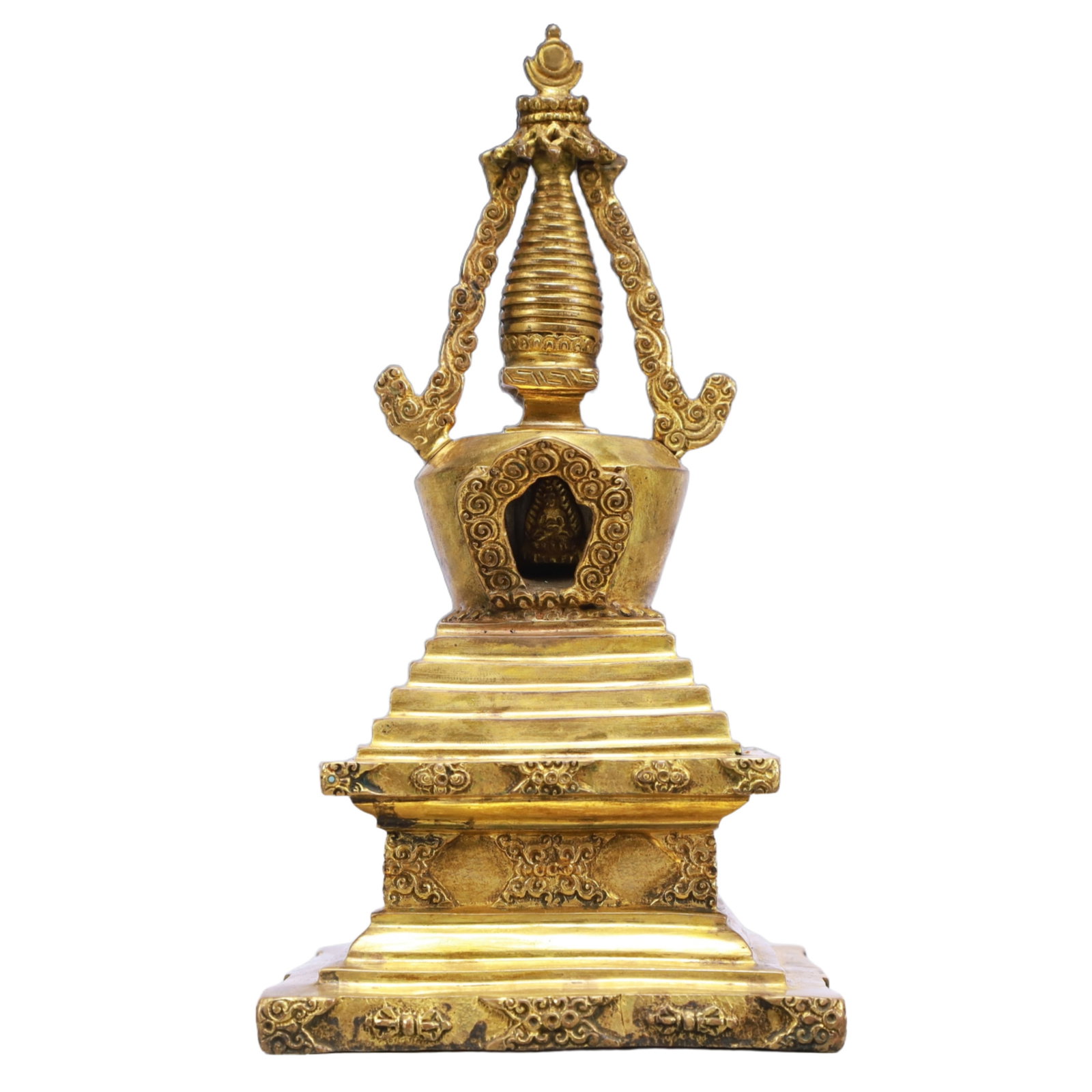 A Rare Gilt Bronze Pagoda: A Rare Gilt Bronze Pagoda,Qing Dynasty, China,Size:4.7inx9.1in,Weight:1750g 铜鎏金佛塔,中国清代