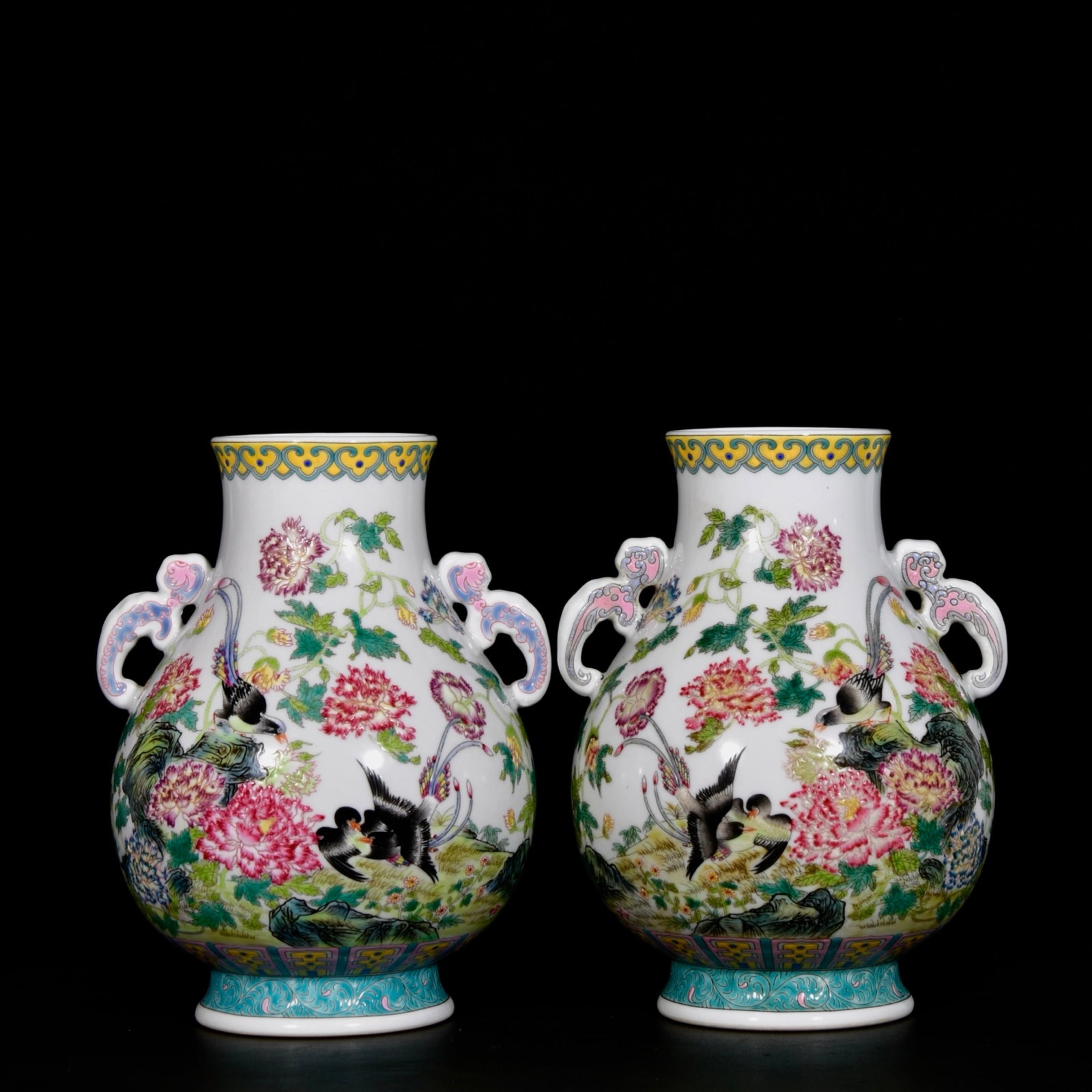 A Pair of Exquisite Enamel Flower and Bird Pattern Double-Ears Vases,With Poem: A Pair of Exquisite Enamel Flower and Bird Pattern Double-Ears Vases,With Poem,Qing Dynasty,China,Yongzheng Four-character Mark,Size:8.3inx6.3in 一对珐琅彩花鸟