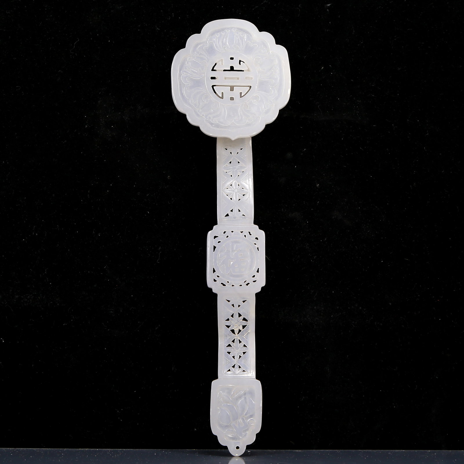 A Rare White Jade Bats and Peach Pattern Ruyi: A Rare White Jade Bats and Peach Pattern Ruyi,Qing Dynasty, China,Size:12inx3.3inx1.6in,Weight:165g 白玉福寿纹如意，清代