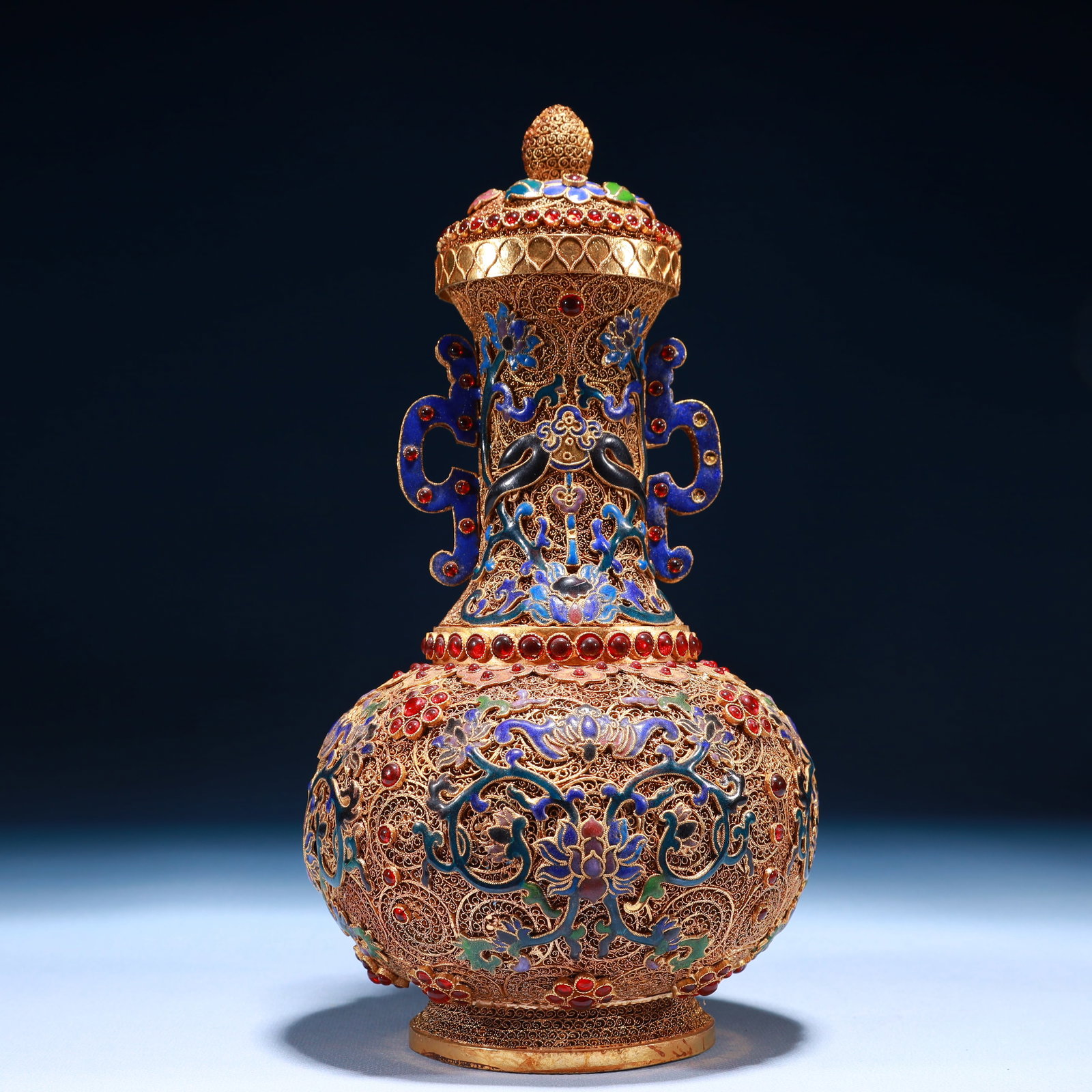 An Exquisite Filigree and Gilding Lotus Pattern Double-Ears Bottle,Inlaid Gems: An Exquisite Filigree and Gilding Lotus Pattern Double-Ears Bottle,Inlaid Gems,Qing Dynasty,China,Size:5.1inx10.6in,Weight:800g 掐丝鎏金缠枝莲纹双