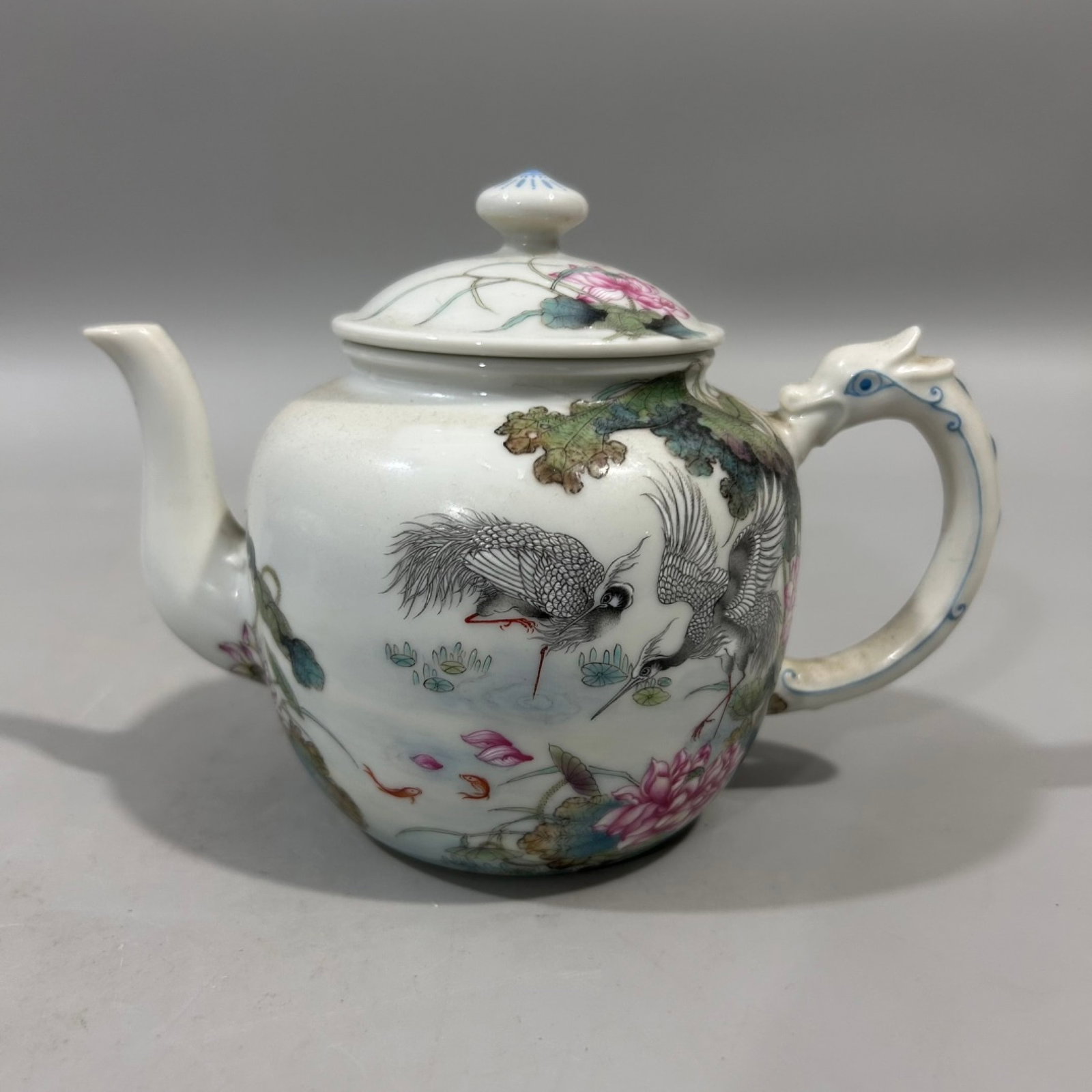 An Exquisite Famille-Rose Flower and Bird Pattern Dragon-head Ewer,With Poem: An Exquisite Famille-Rose Flower and Bird Pattern Dragon-head Ewer,With Poem,Qing Dynasty,China,Yongzheng Four-character Mark,Size:5.9inx4.5in 粉彩花鸟纹龙首&