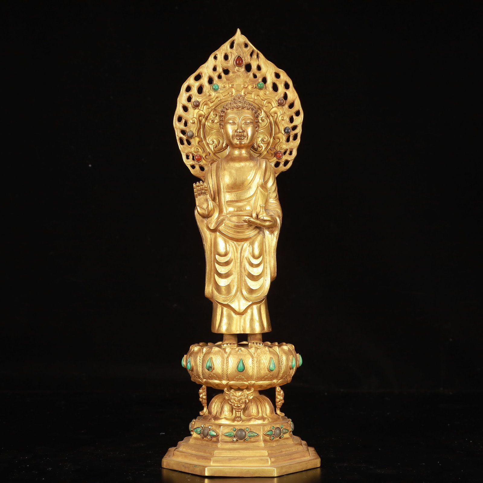 A Rare Gilt Bronze Buddha Statue,Inlaid Gems: A Rare Gilt Bronze Buddha Statue,Inlaid Gems,Qing Dynasty, China,Size:4.7inx13in,Weight:1300g 铜鎏金佛像,嵌宝石,中国清代