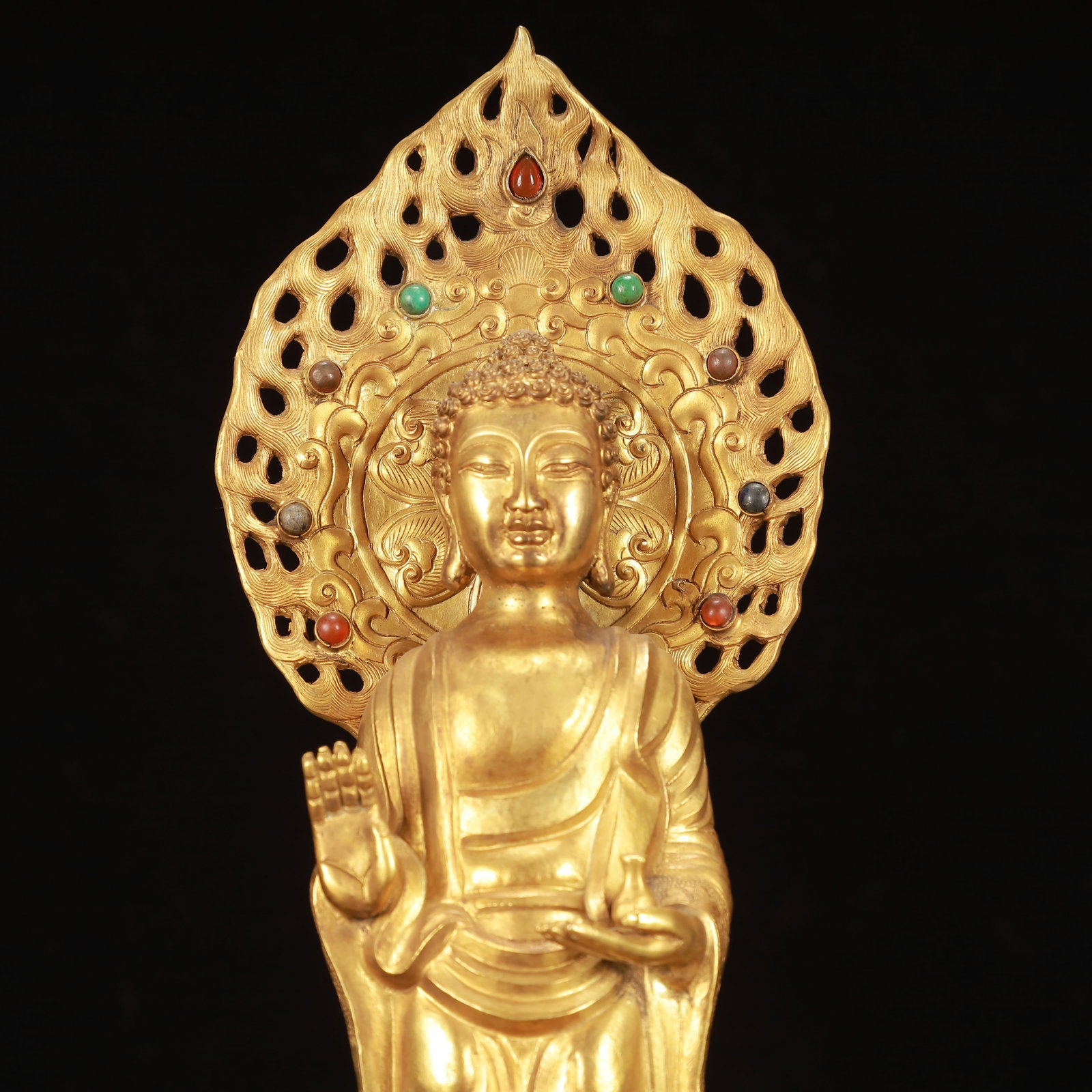 A Rare Gilt Bronze Buddha Statue,Inlaid Gems - 2