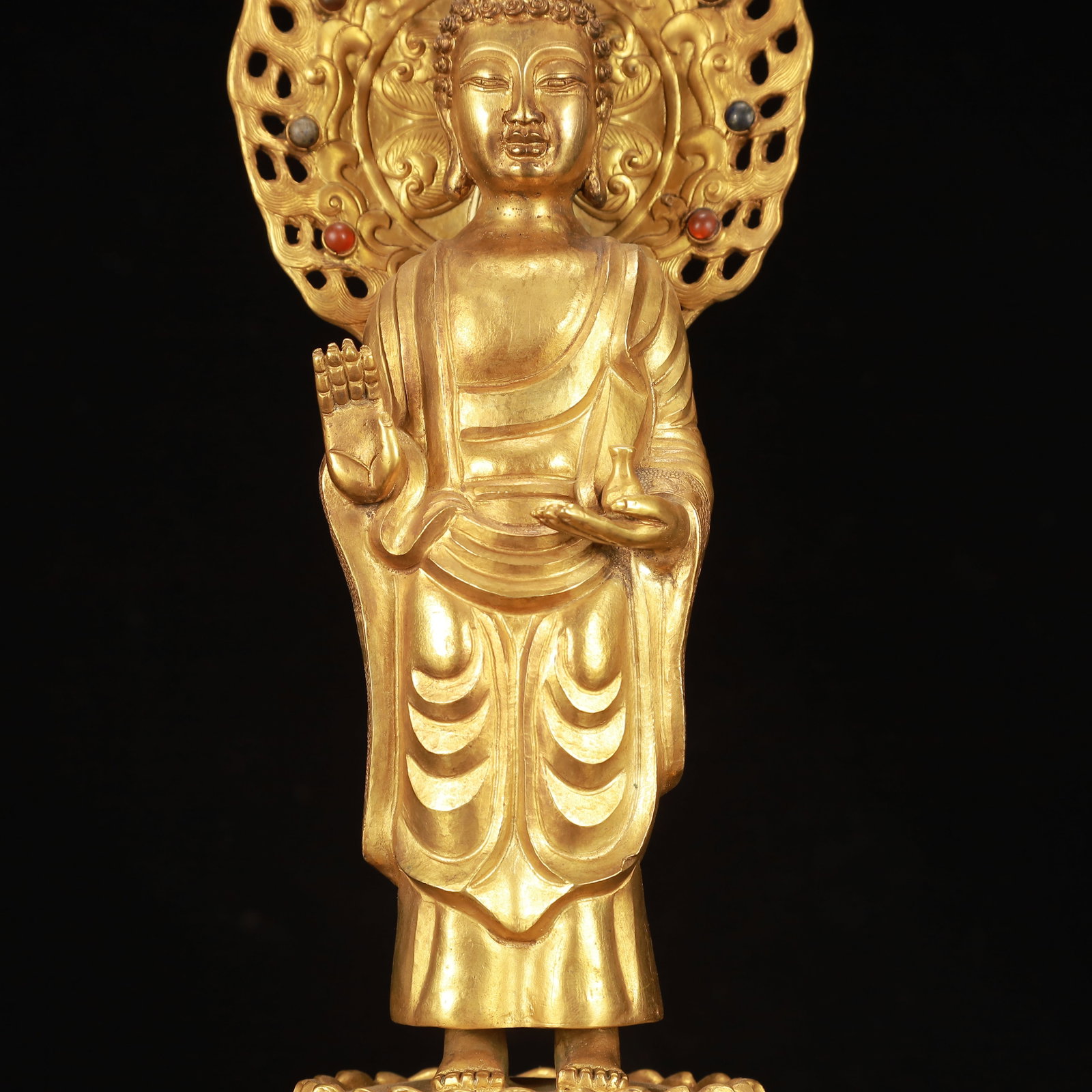 A Rare Gilt Bronze Buddha Statue,Inlaid Gems - 3