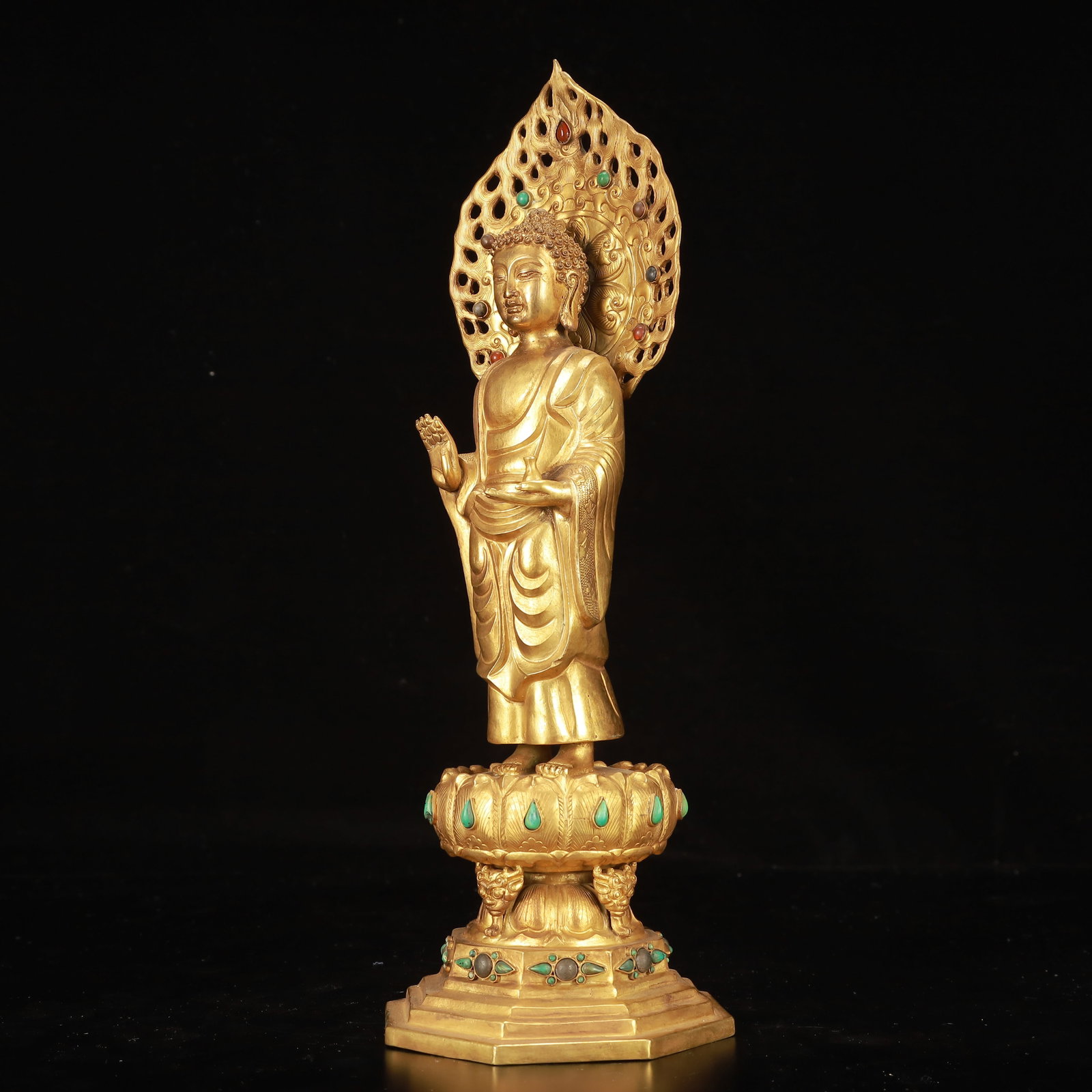 A Rare Gilt Bronze Buddha Statue,Inlaid Gems - 5