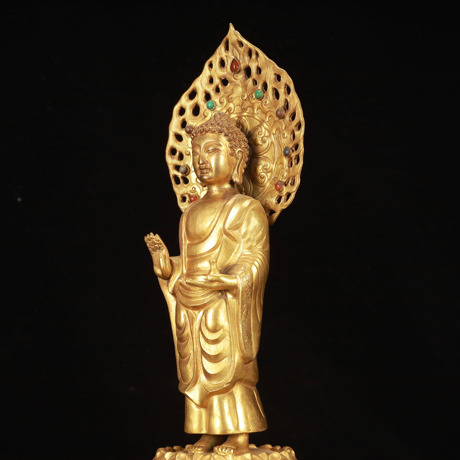 A Rare Gilt Bronze Buddha Statue,Inlaid Gems - 6