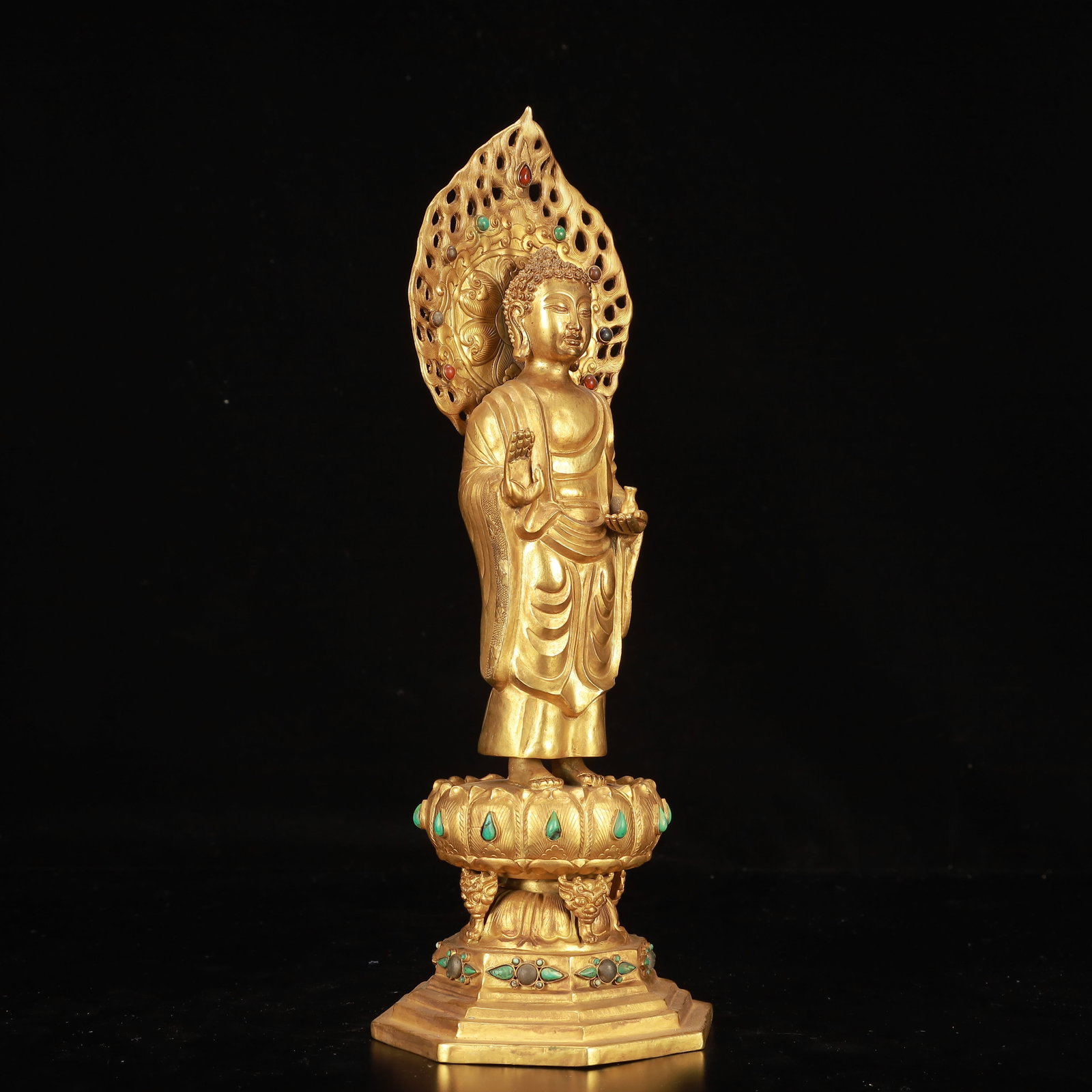 A Rare Gilt Bronze Buddha Statue,Inlaid Gems - 7