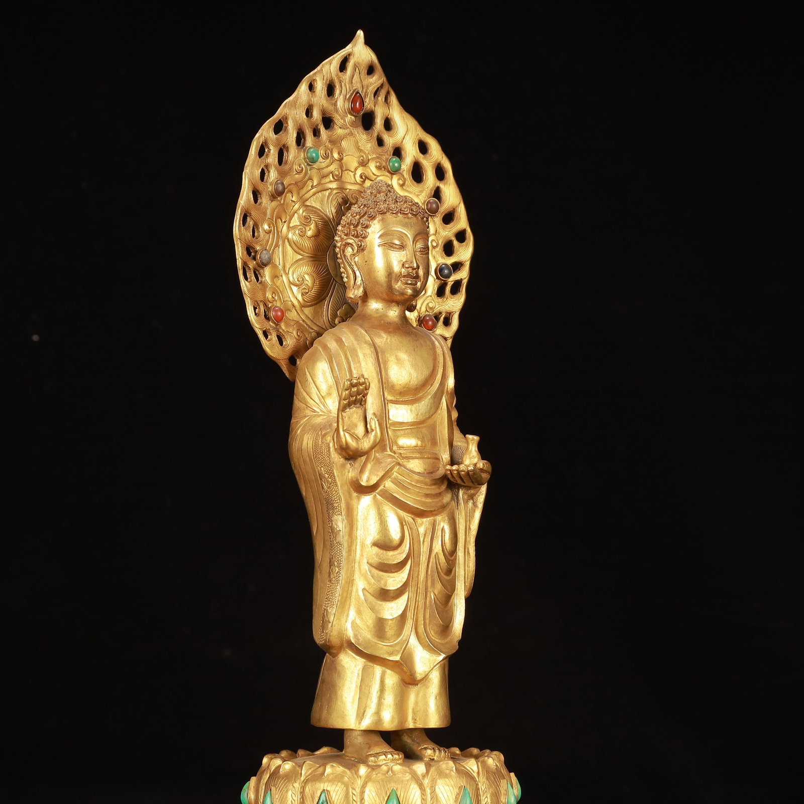 A Rare Gilt Bronze Buddha Statue,Inlaid Gems - 8