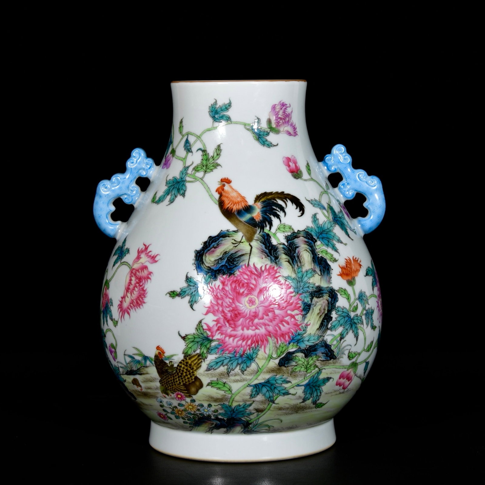 An Exquisite Enamel Flower and Rooster Pattern Double-Ears Vase,With Poem: An Exquisite Enamel Flower and Rooster Pattern Double-Ears Vase,With Poem,Qing Dynasty,China,Yongzheng Six-character Mark,Size:11inx8.3in 珐琅彩花卉公鸡ಬ
