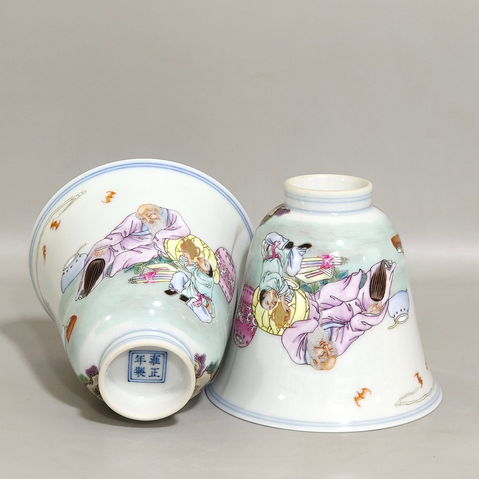 A Pair of Exquisite Famille-Rose Character and Story Pattern Cups: A Pair of Exquisite Famille-Rose Character and Story Pattern Cups,Qing Dynasty,China,Yongzheng Four-character Mark,Size:3.2inx3.5in 一对粉彩人物故事 