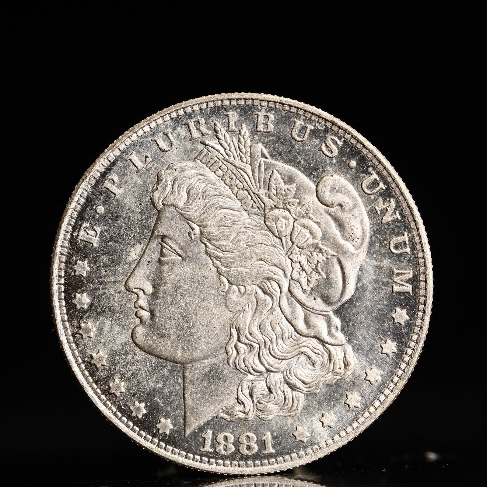 USA Morgan Dollar 1881 Coin: Obv: profile bust with date below and E PLURIBUS UNUM legend and stars around. Rev: eagle with In God we trust above within wreath with UNITED STATES OF AMERICA ONE DOLLAR legend. IN GOD WE TRUST / LI