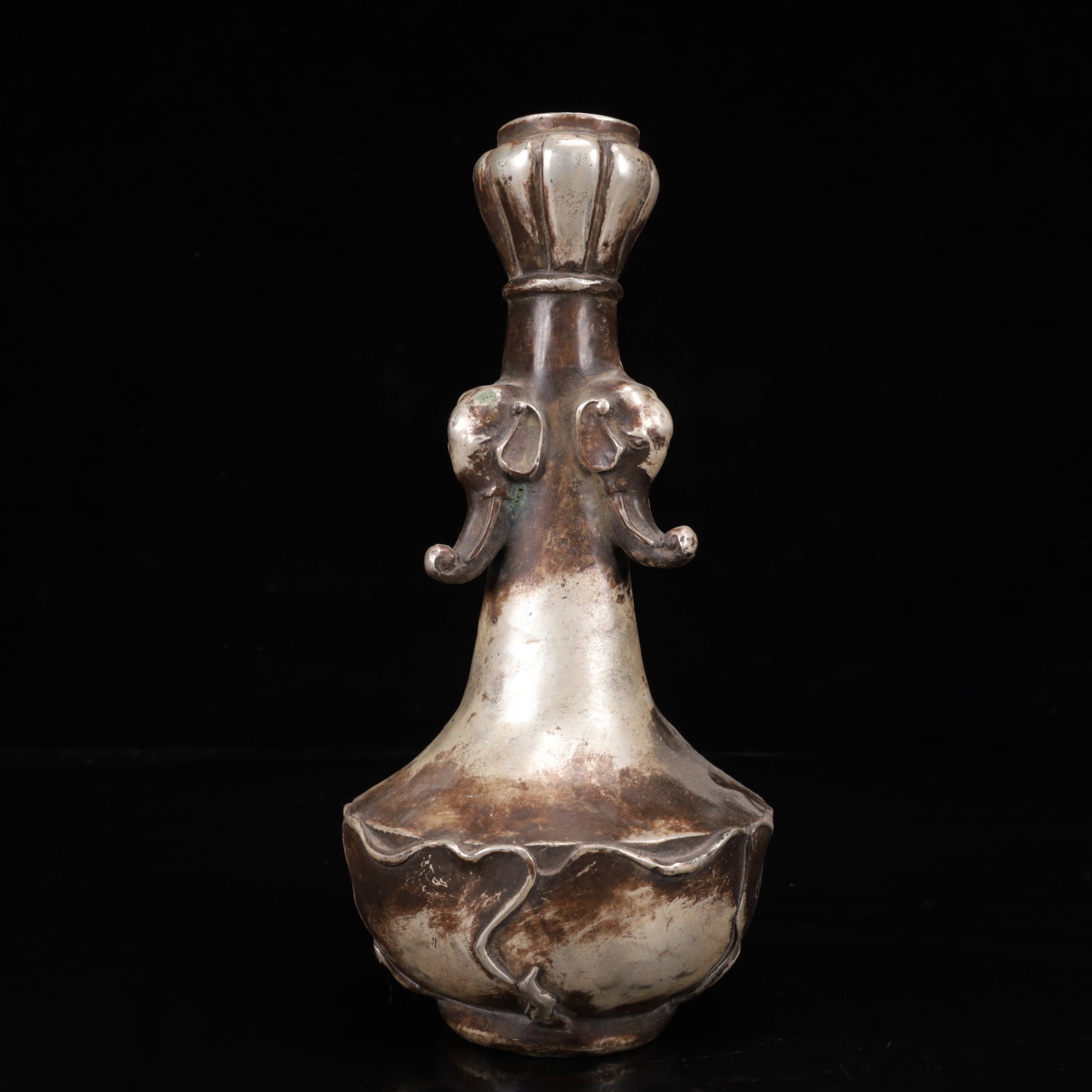 An Exquisite Silver-Plated Bronze Elephant-Ears Vase: An Exquisite Silver-Plated Bronze Elephant-Ears Vase,Qing Dynasty,China,Size:4.3inx9.8in,Weight:1250g 铜镀银象耳瓶,中国清代