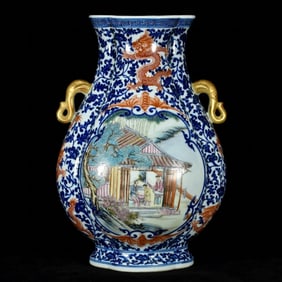 A Rare Blue and White Famille-Rose Painted Gold Ganoderma lucidum,Figure and Dragon Pattern